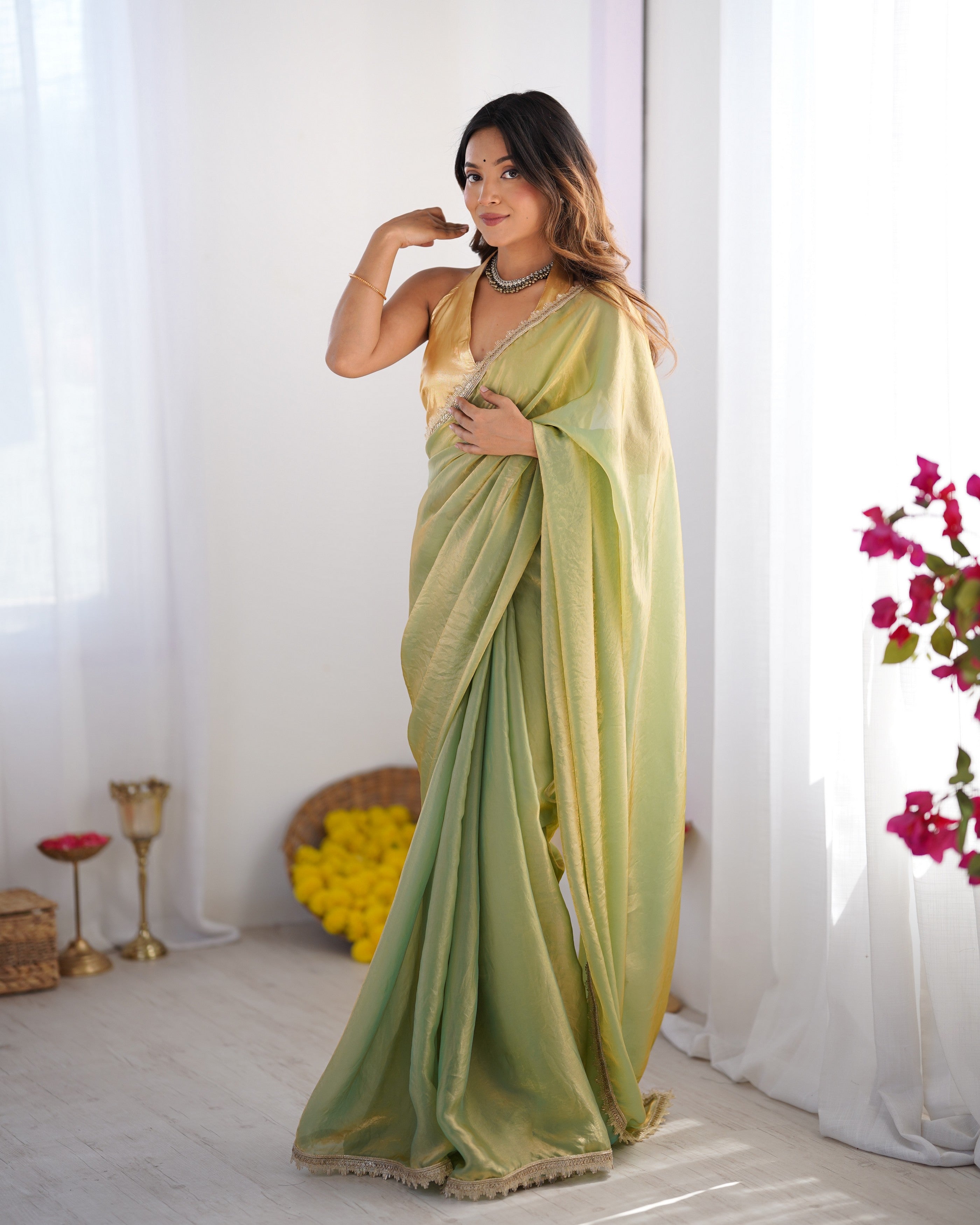 Pista Satin Gold Organza Solid Designer With Lace Border Bollywood Style Saree