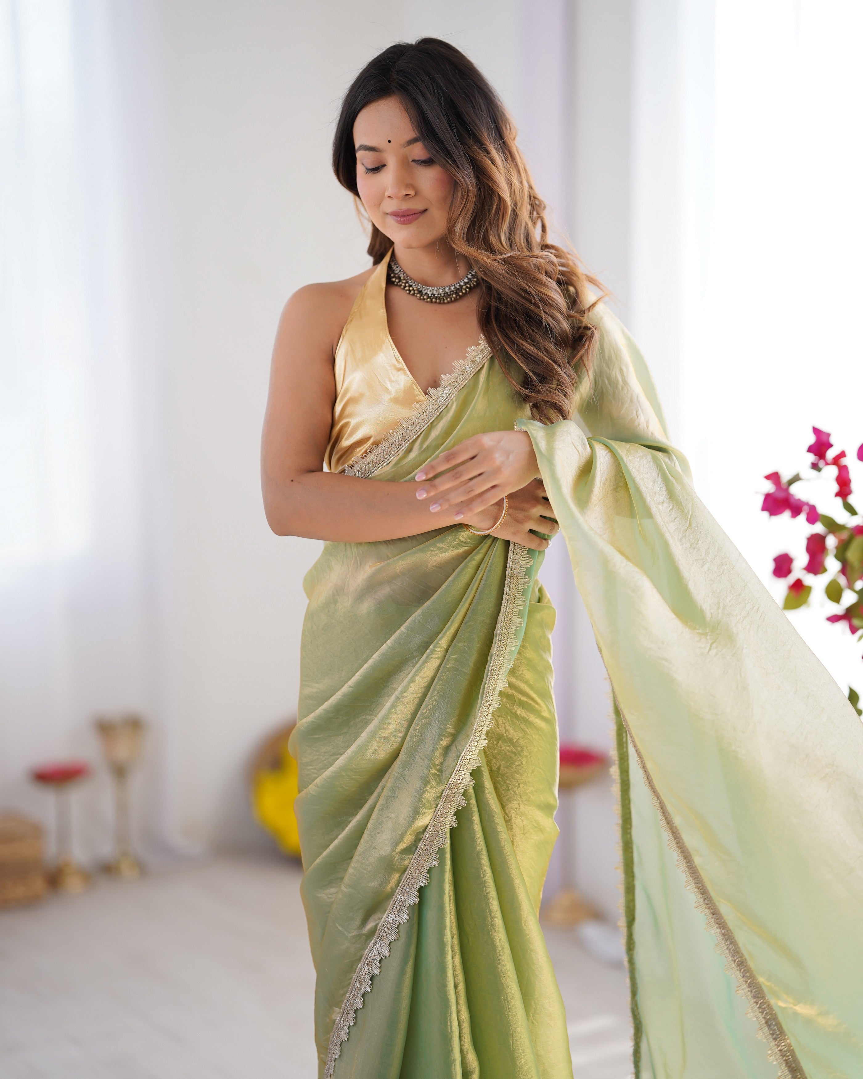 Pista Satin Gold Organza Solid Designer With Lace Border Bollywood Style Saree