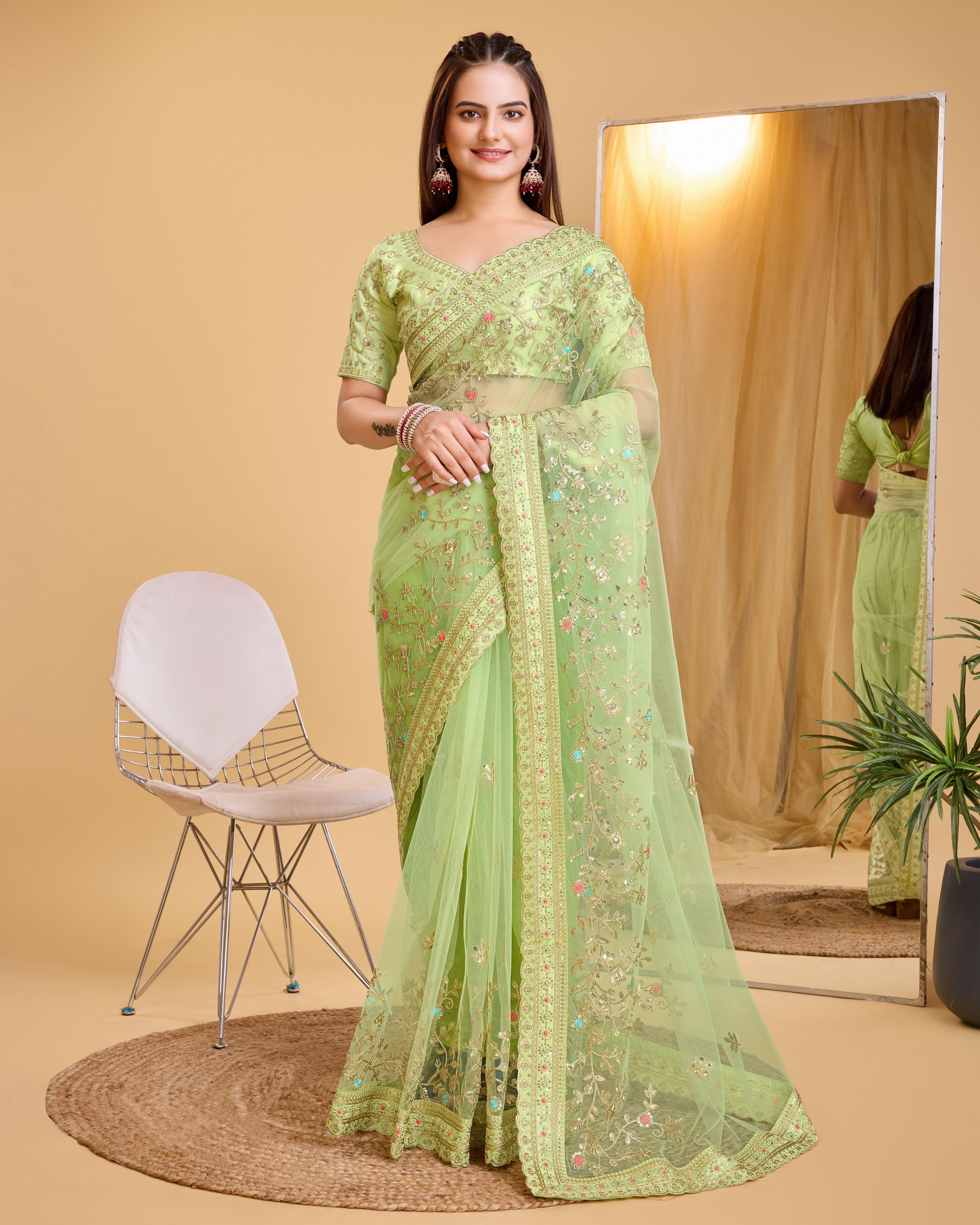 Pista Soft Net Designer Embroidery Work Bollywood Style Saree