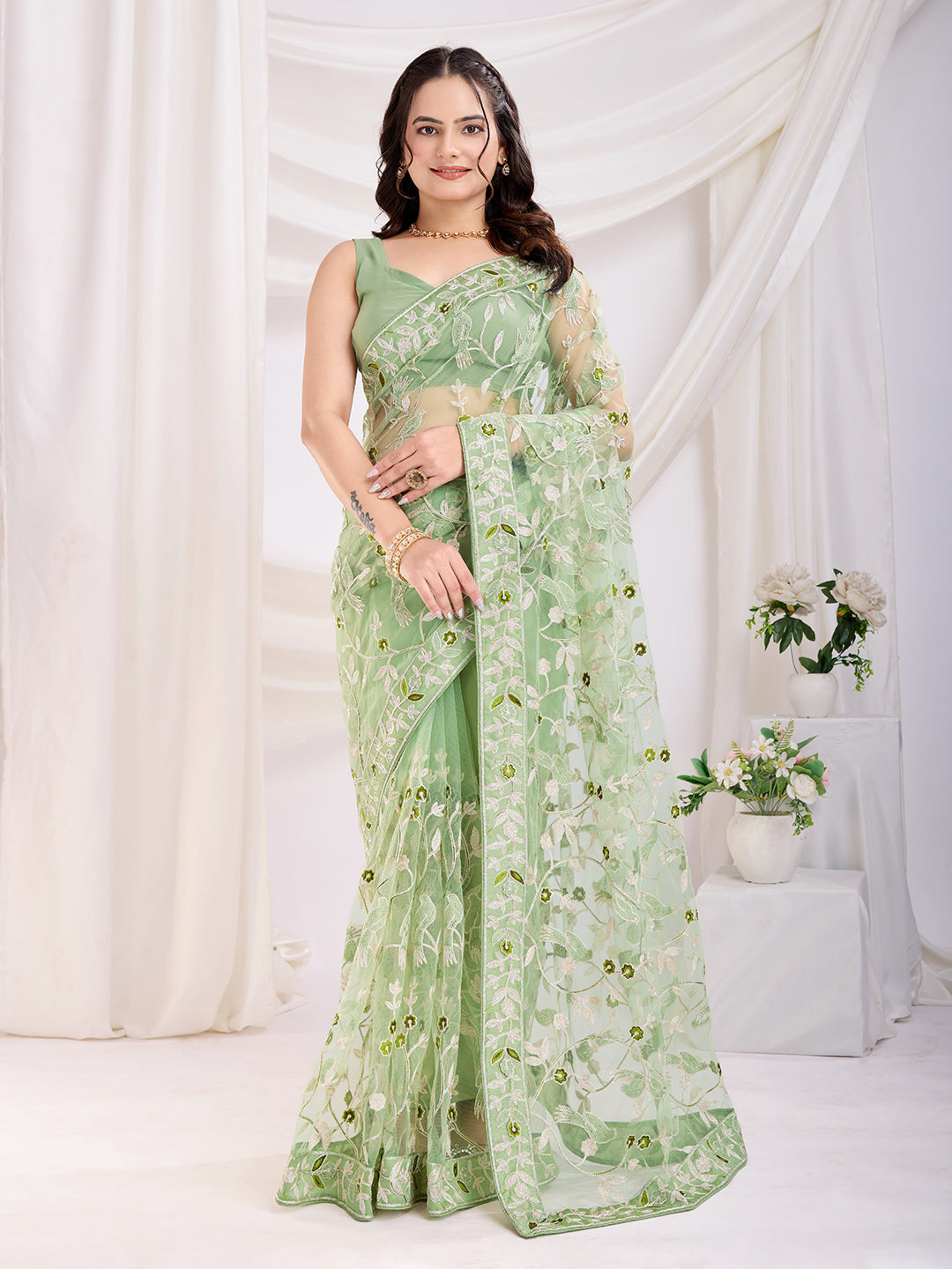 Pista Soft Net Designer Thread Embroidery Work Girlie Partywear Saree