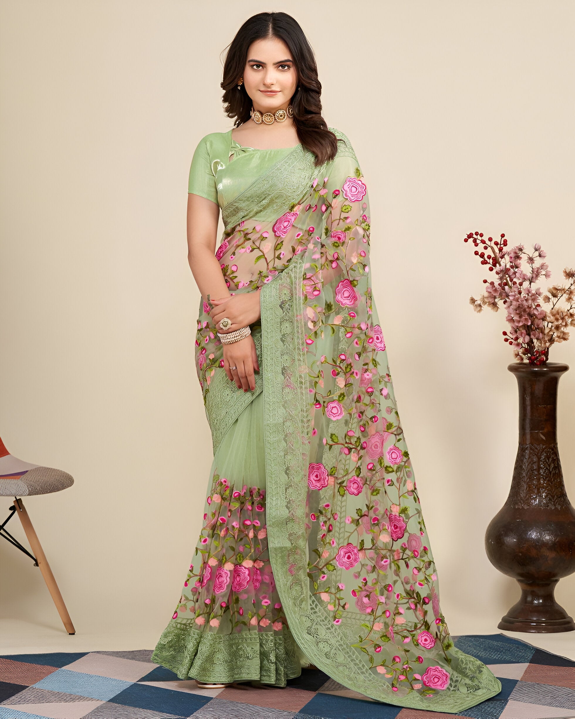 Pista Soft Net Saree with C Pallu Chikankari Embroidery Work