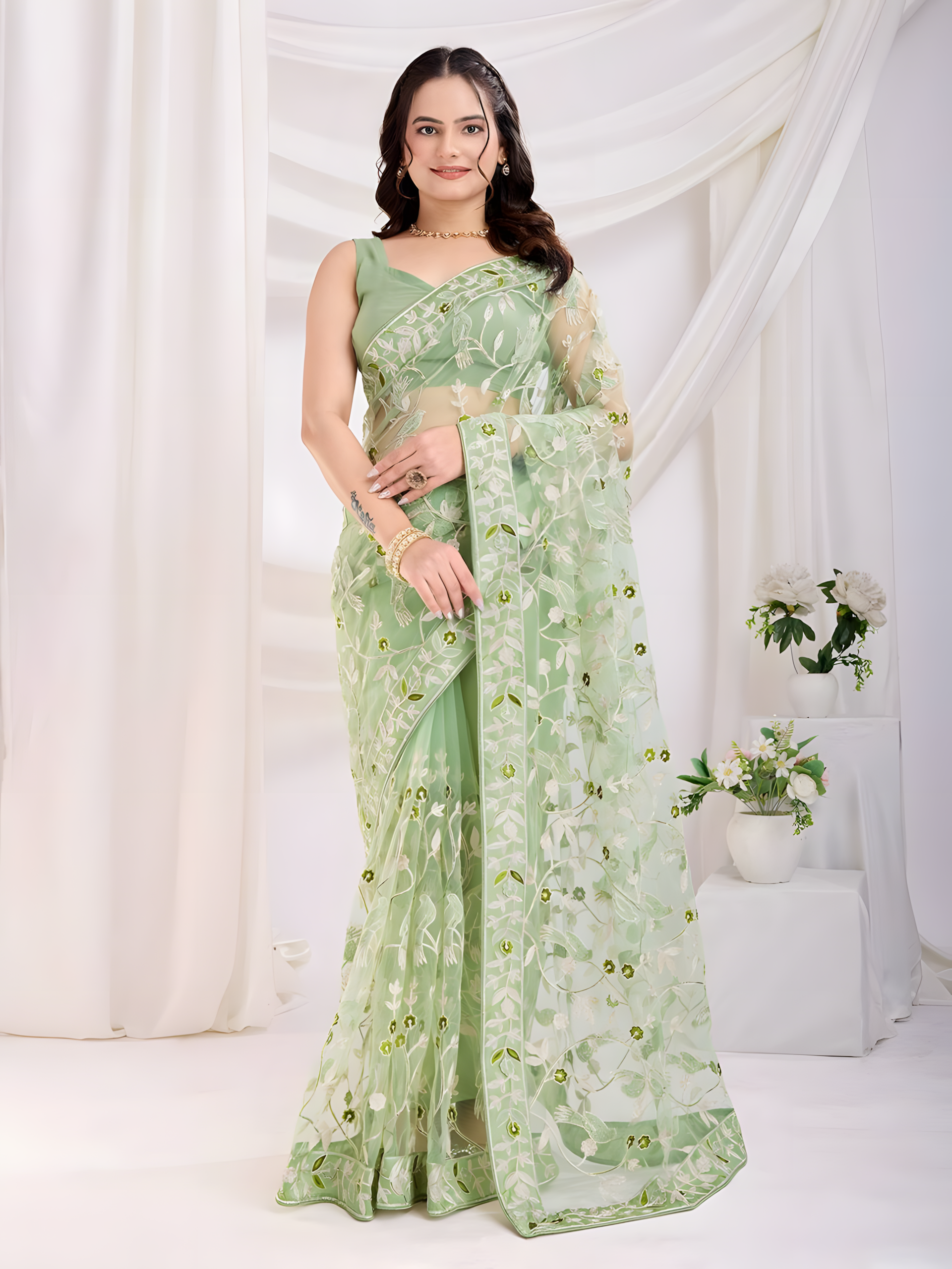 Pista Soft Net Saree with C Pallu Embroidery with sequins Work
