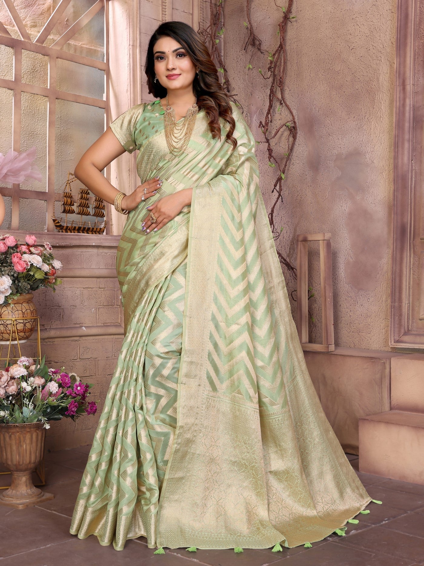 Pista Soft Organza Silk Saree With Elegant Weaving