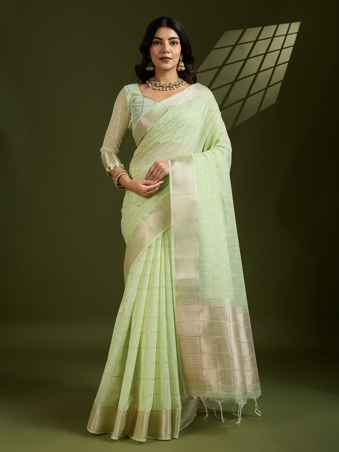 Pista Soft Silk Saree with Checks and Zari Pallu