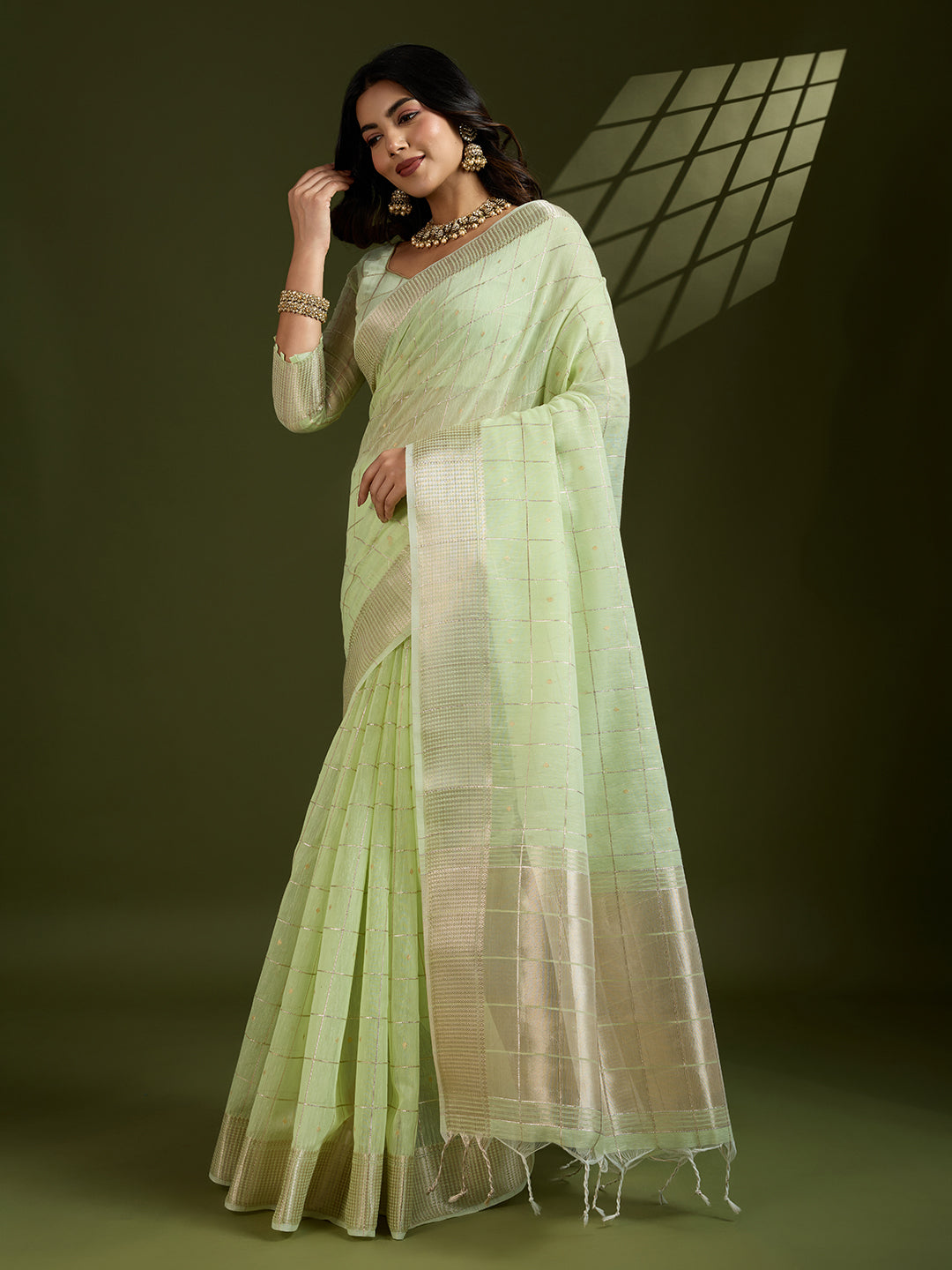 Pista Soft Silk Saree with Checks and Zari Pallu