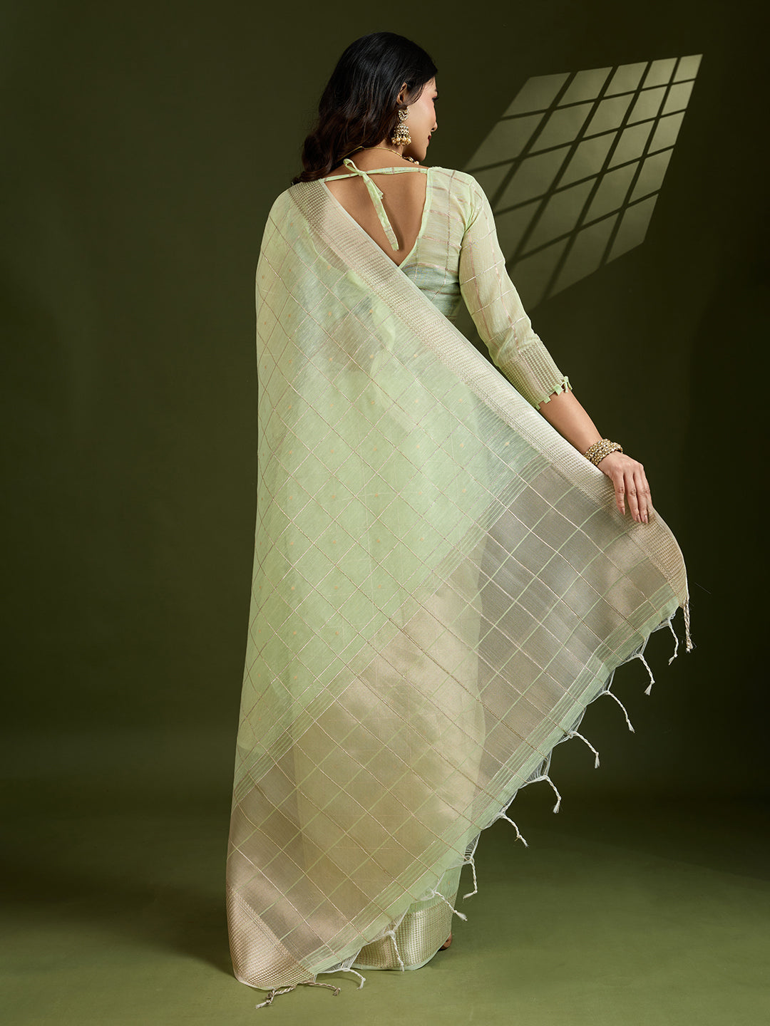Pista Soft Silk Saree with Checks and Zari Pallu