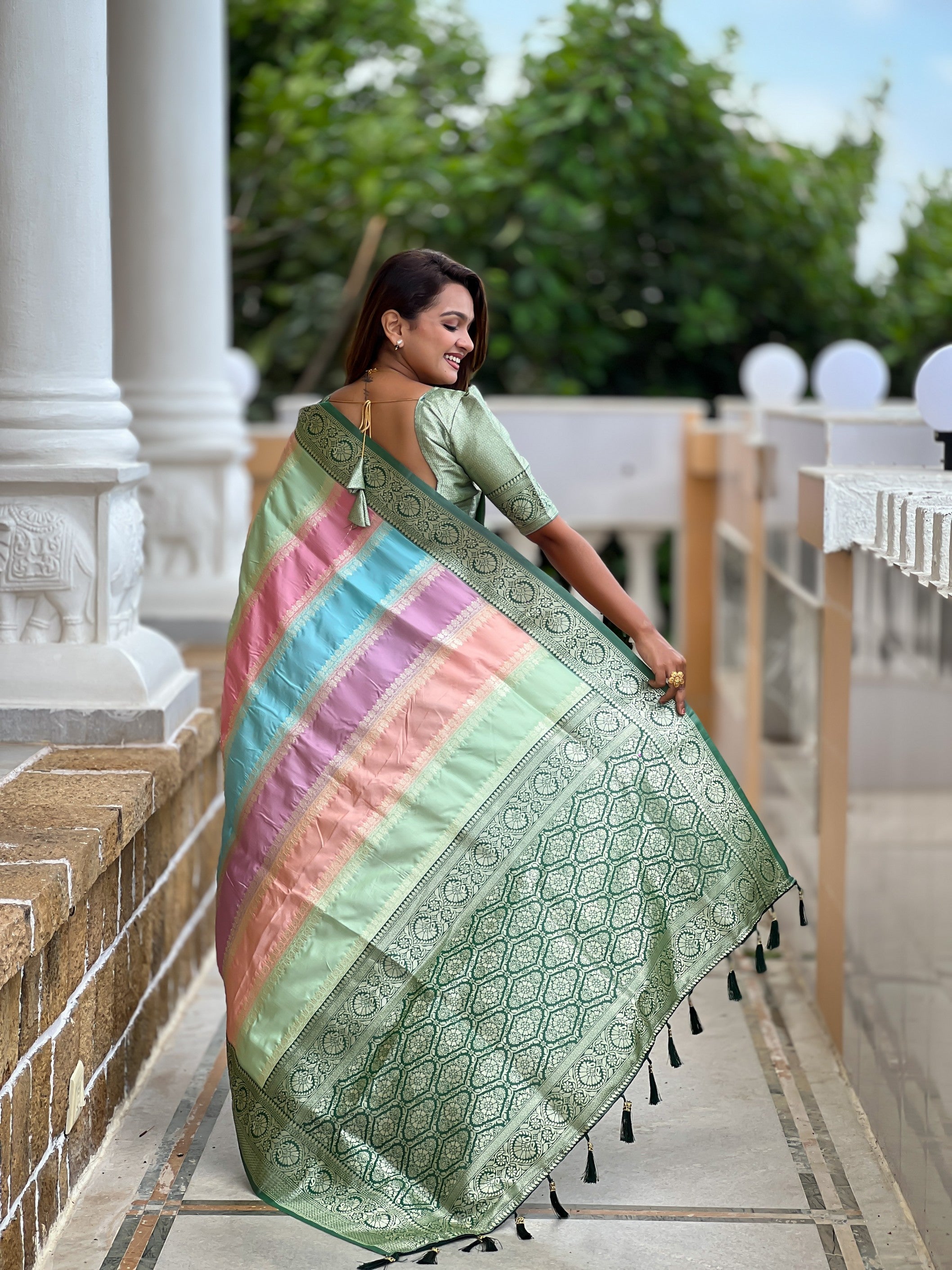 Pista Soft Silk Woven Jacquard Designer Festive Wear Traditional Saree