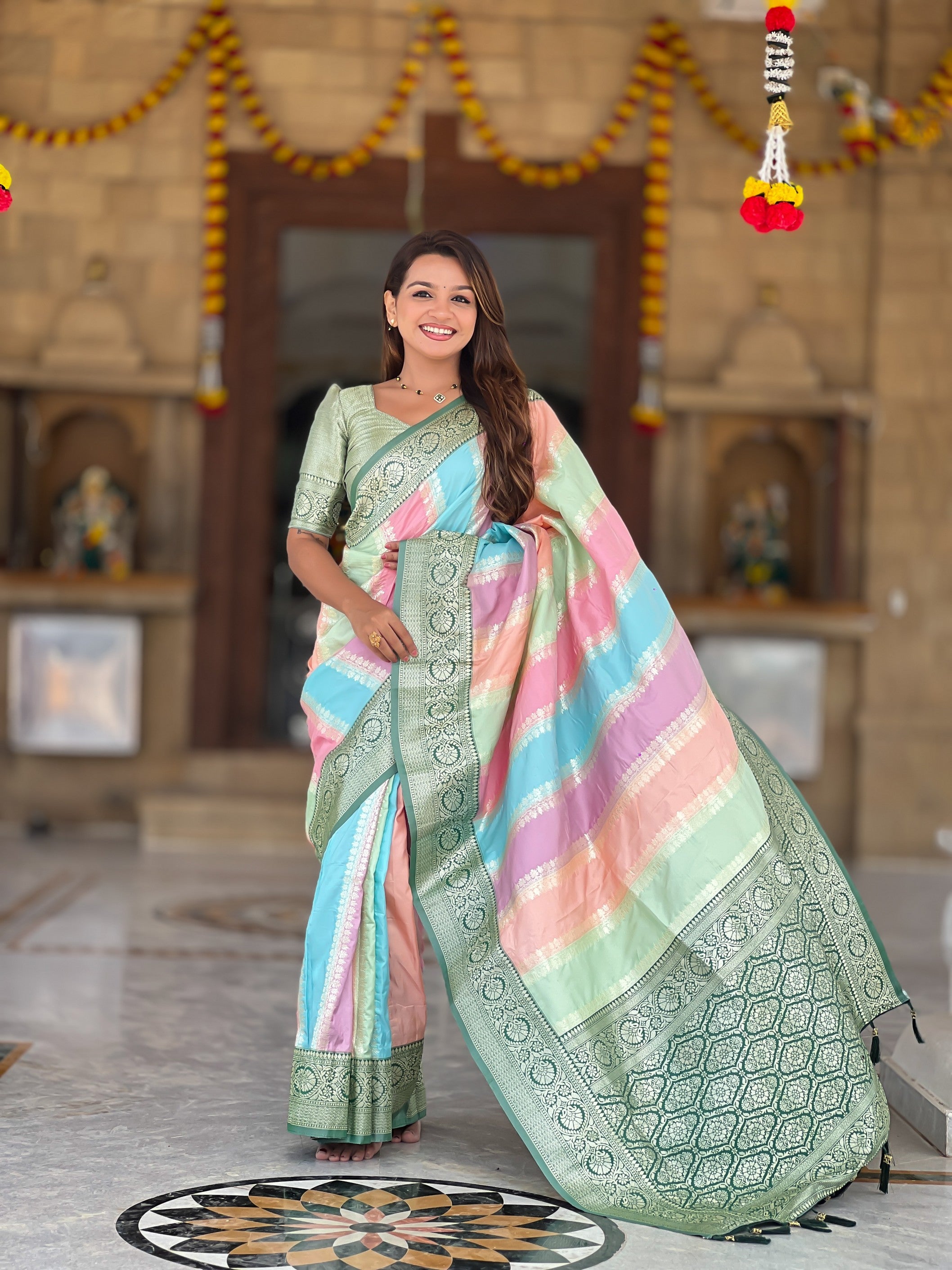 Pista Soft Silk Woven Jacquard Designer Festive Wear Traditional Saree
