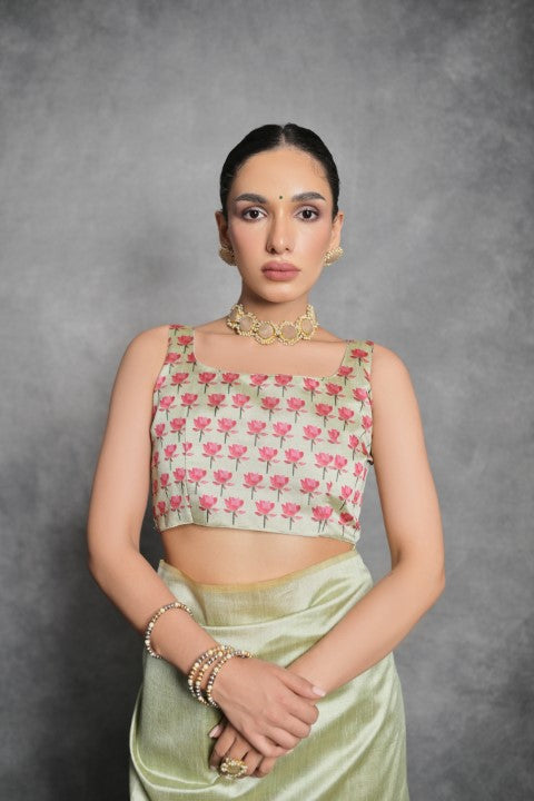 Pista Soft Tussar Silk Saree with Print and Small Zari Border