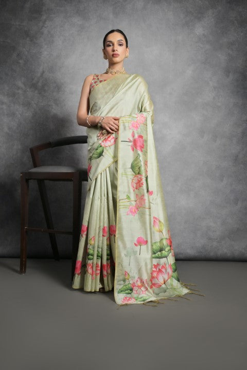 Pista Soft Tussar Silk Saree with Print and Small Zari Border