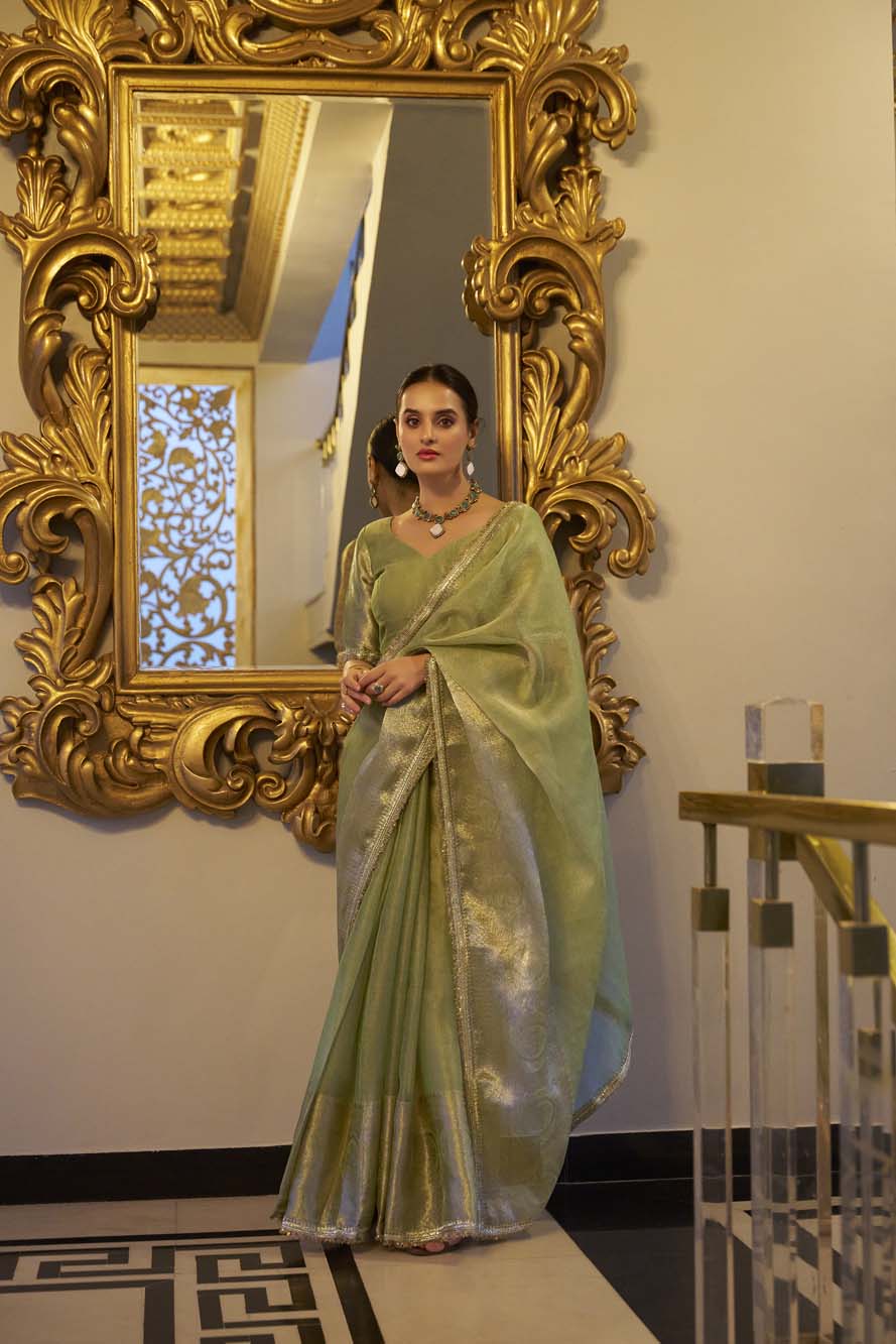 Pista Tissue Shimmer Saree with Zari Weaving & Sequins Lace