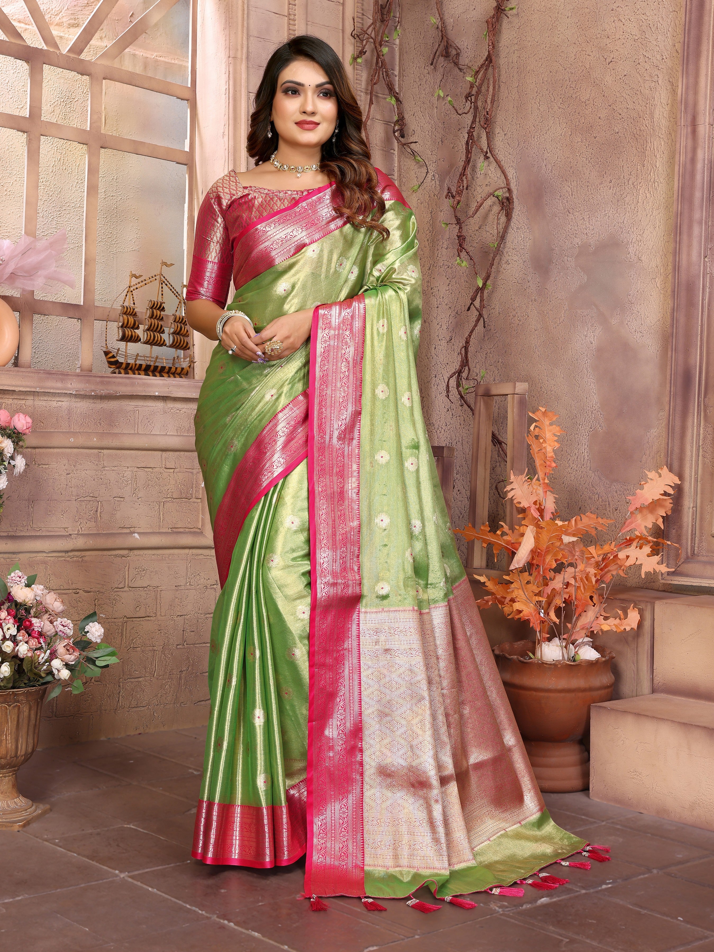 Pista Tissue Silk Ethnic Saree With Woven Handloom Designer