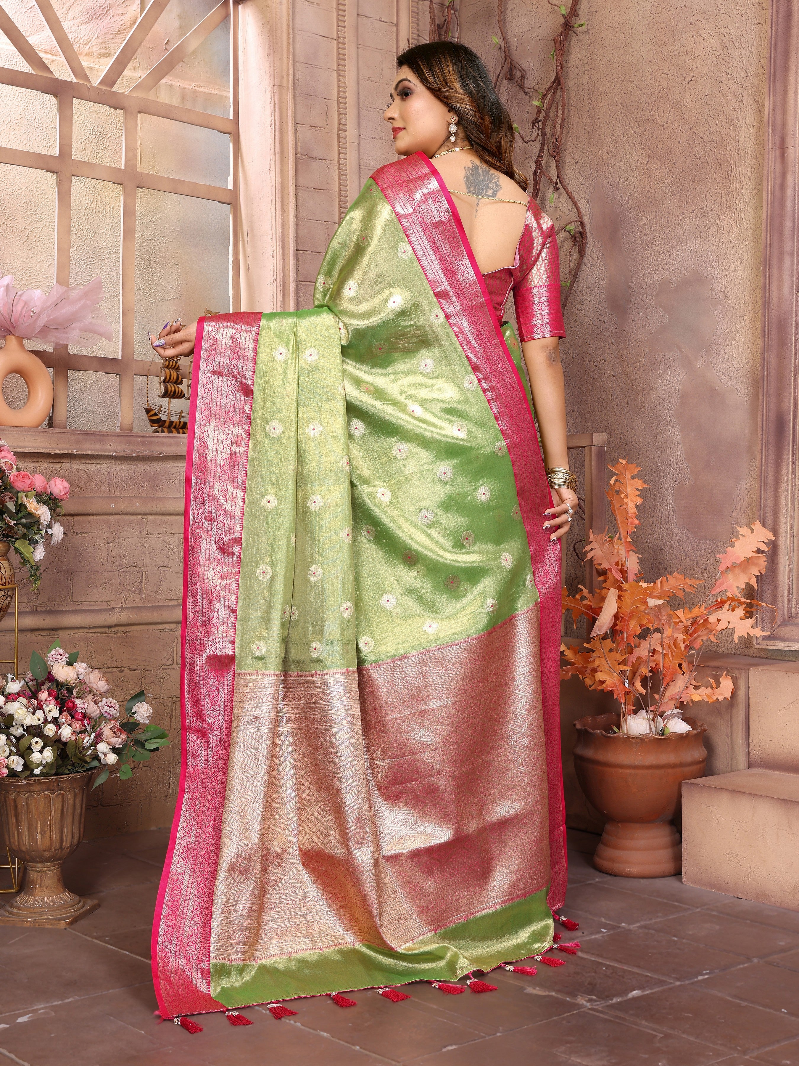 Pista Tissue Silk Ethnic Saree With Woven Handloom Designer