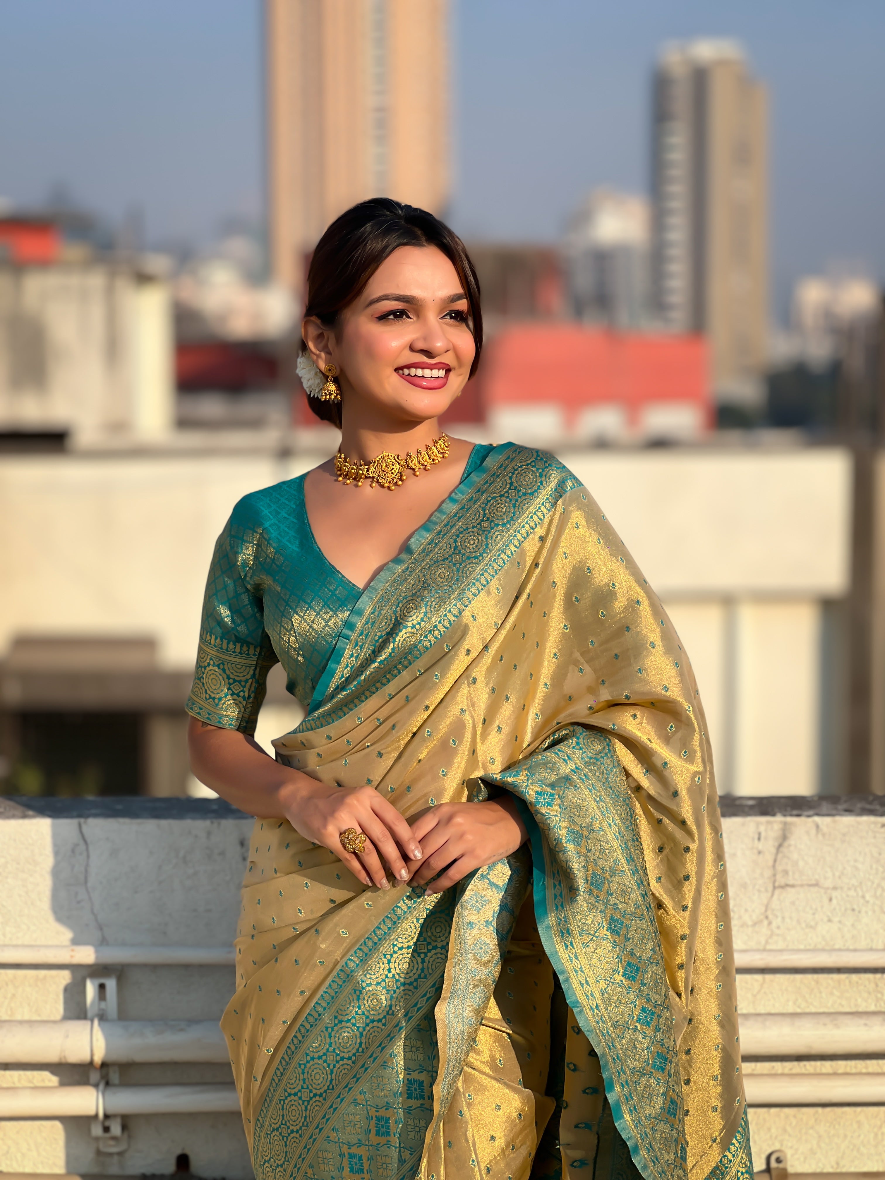 Pista Tissue Silk Heavy Woven Jari Designer Ethnic Ceremonial Saree
