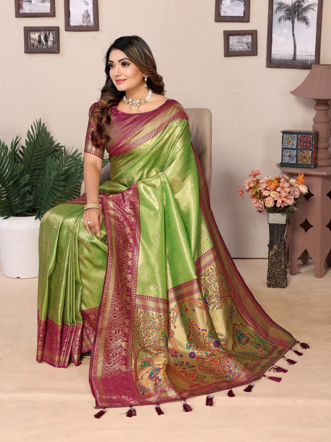 Pista Tissue Silk Saree With Classic Weaving