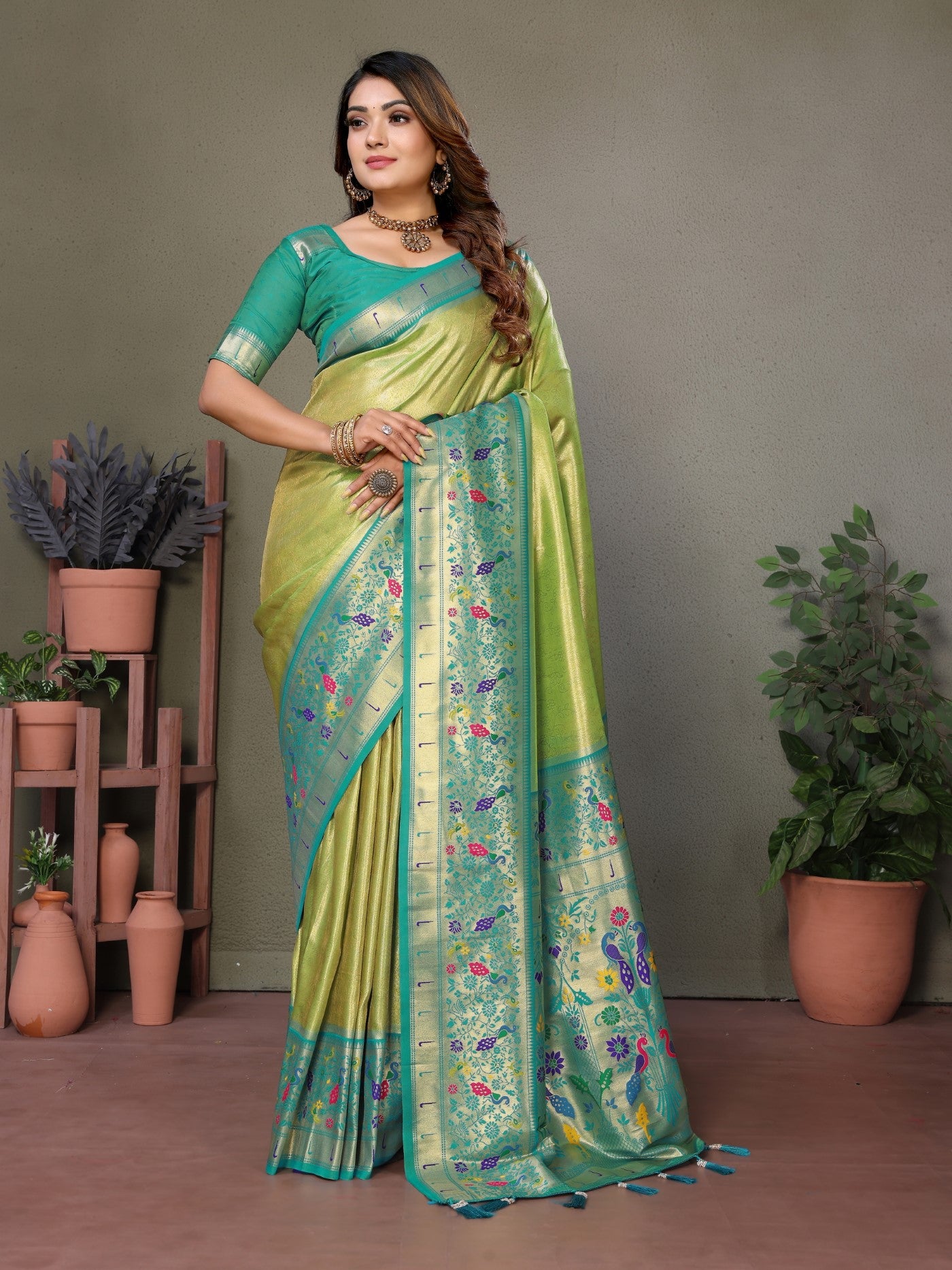 Pista Tissue Silk Saree With Paithani Woven