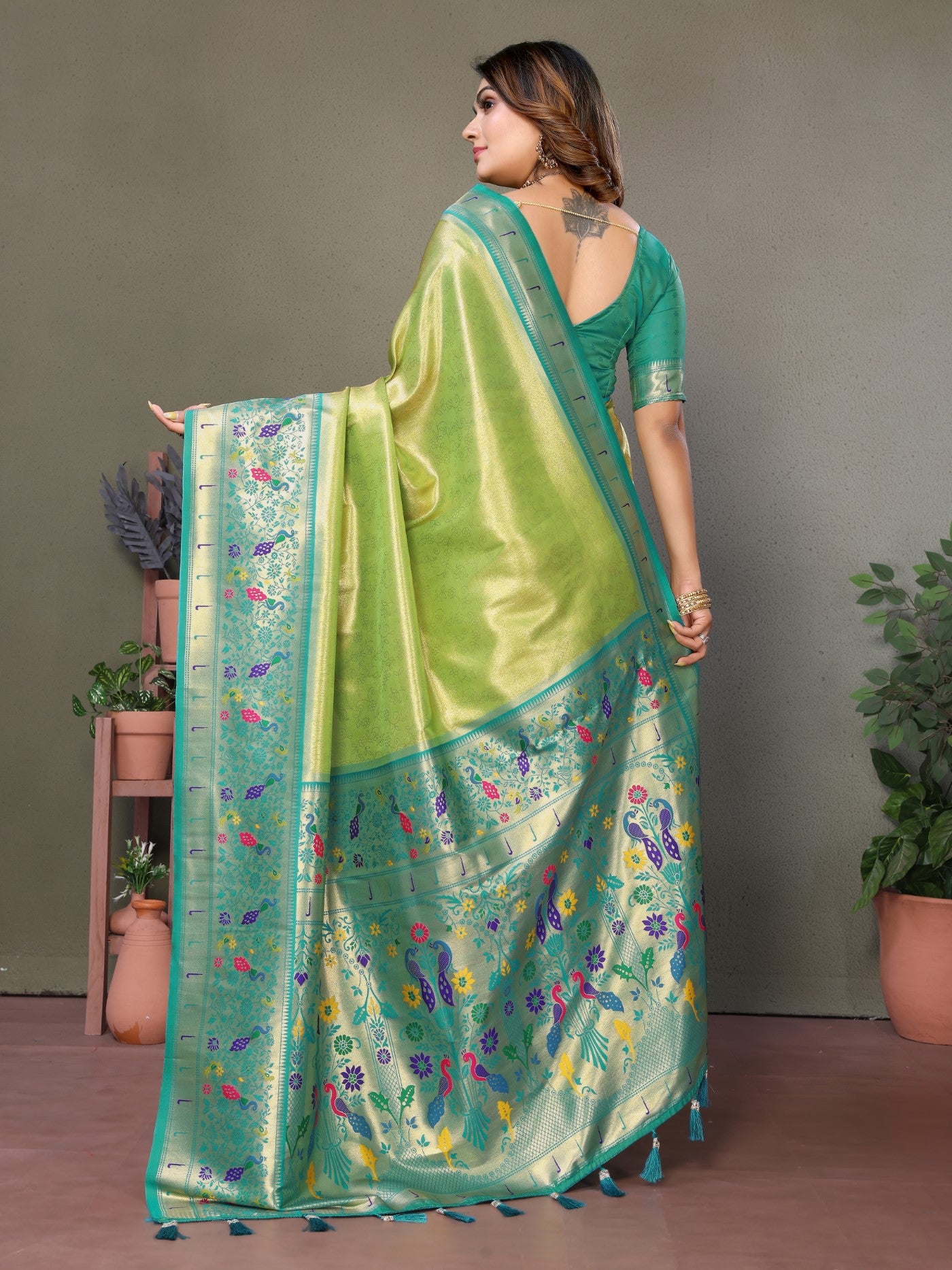 Pista Tissue Silk Saree With Paithani Woven