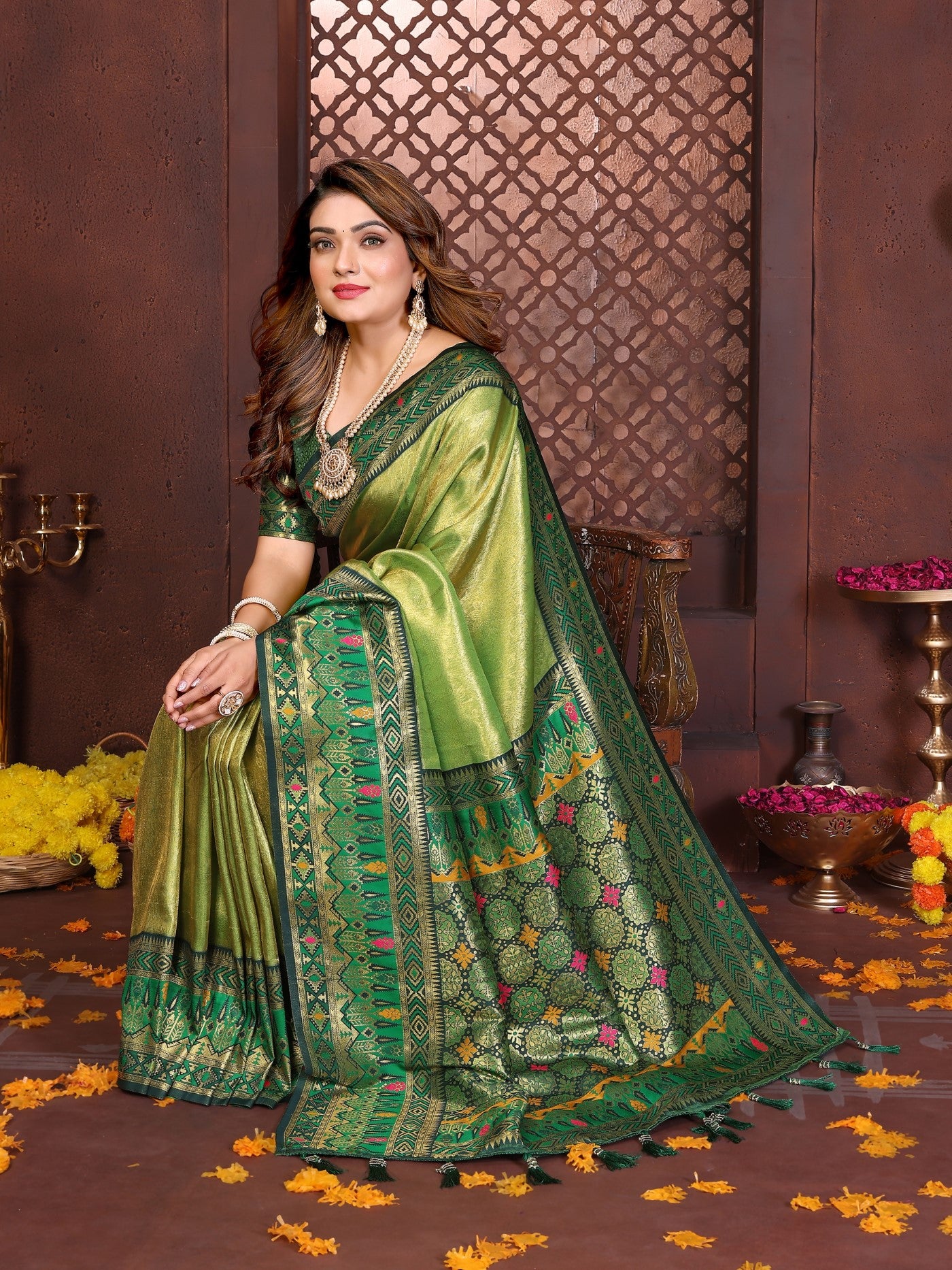 Pista Tissue Silk Saree With Traditional Weaving