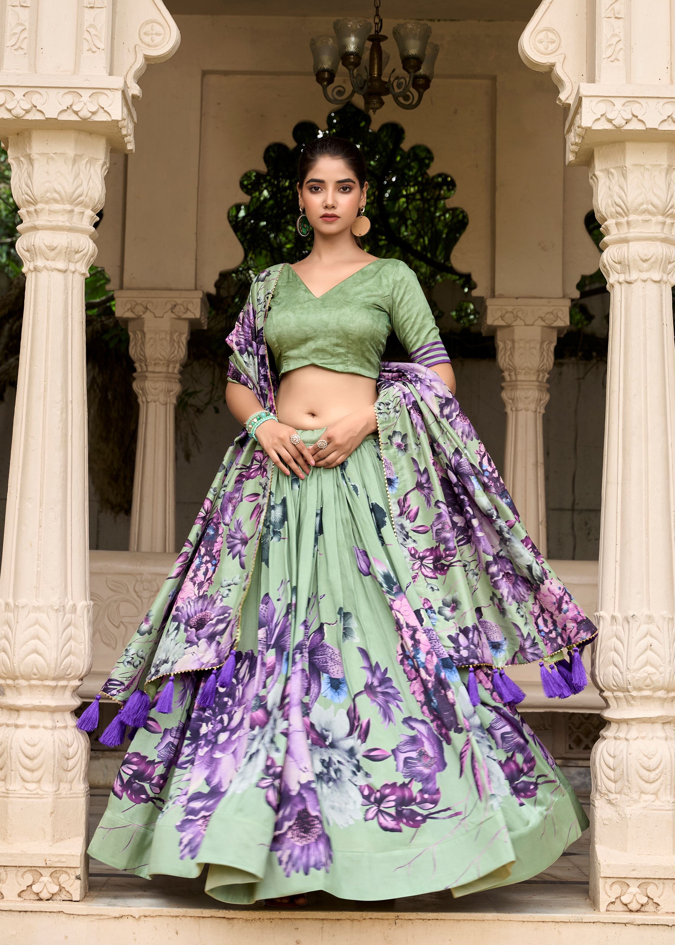 Pista Tussar Silk Lehenga with Floral Print & Lace Grace