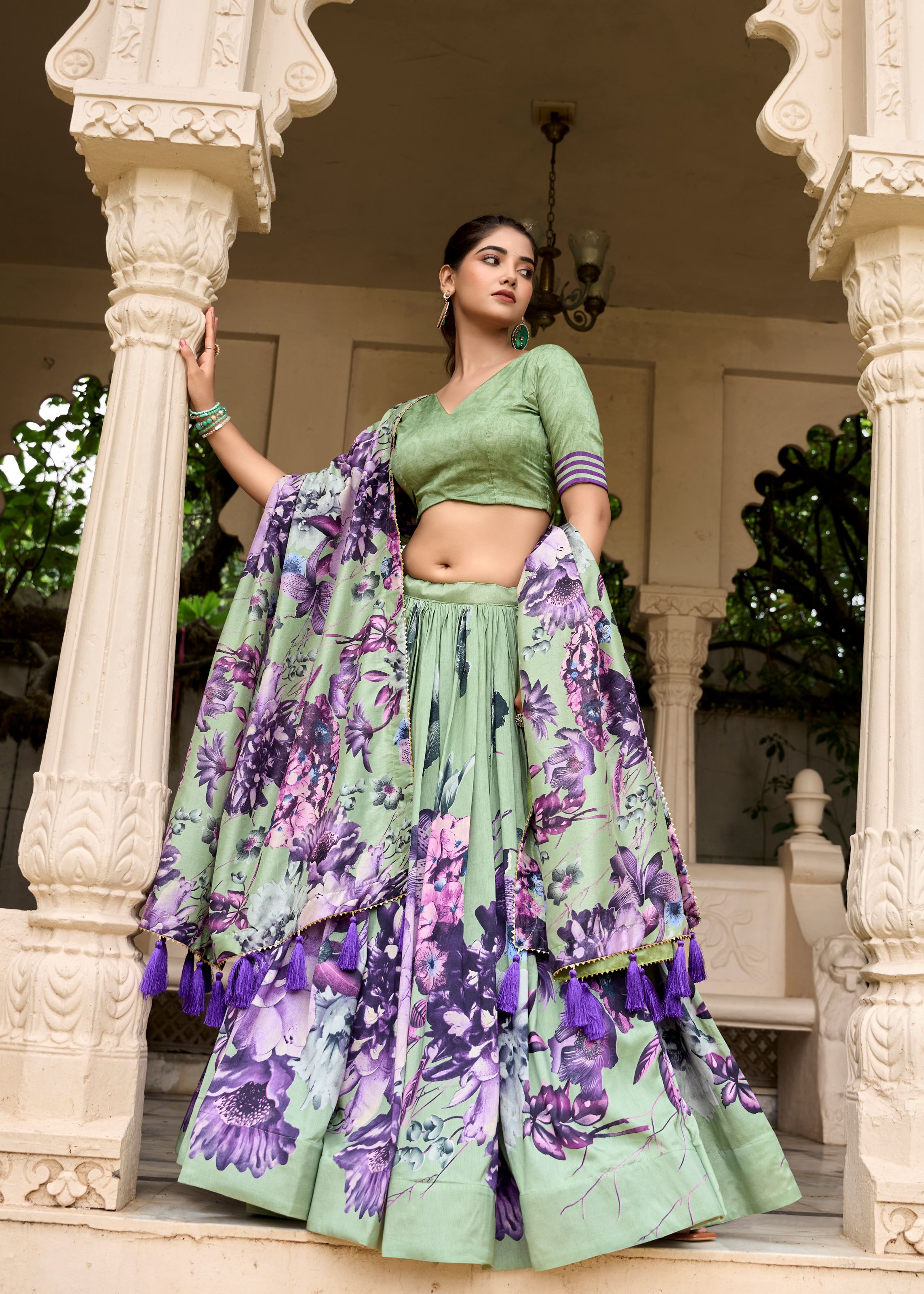 Pista Tussar Silk Lehenga with Floral Print & Lace Grace