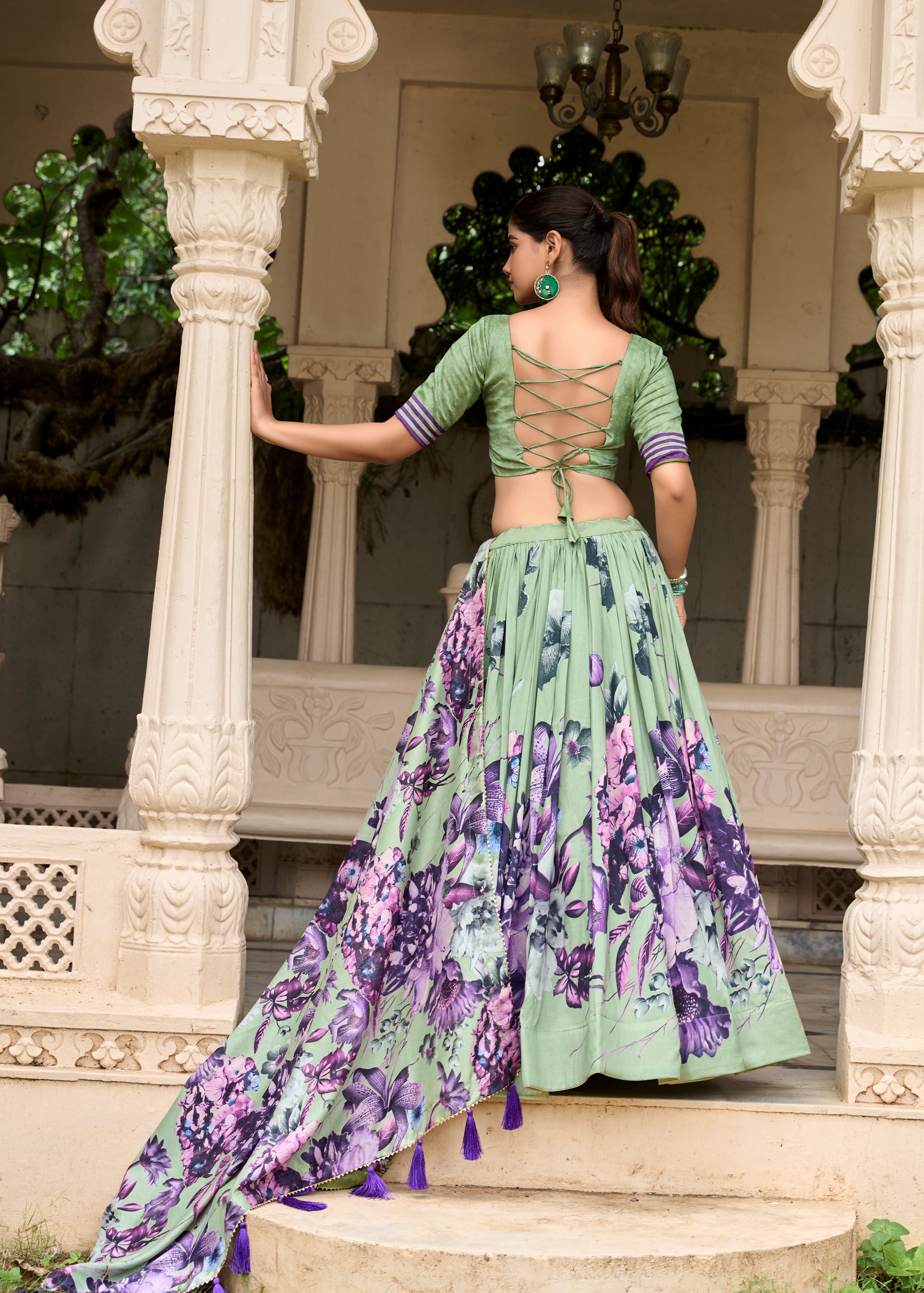 Pista Tussar Silk Lehenga with Floral Print & Lace Grace