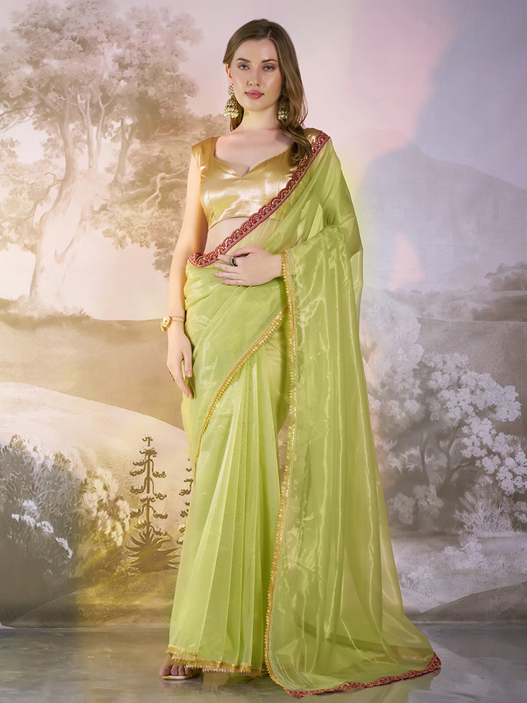 Pista Twill Net Solid Fancy Designer Bollywood Style Saree