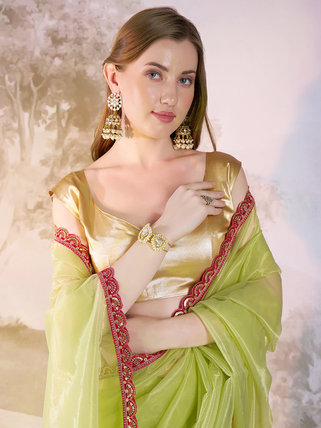 Pista Twill Net Solid Fancy Designer Bollywood Style Saree