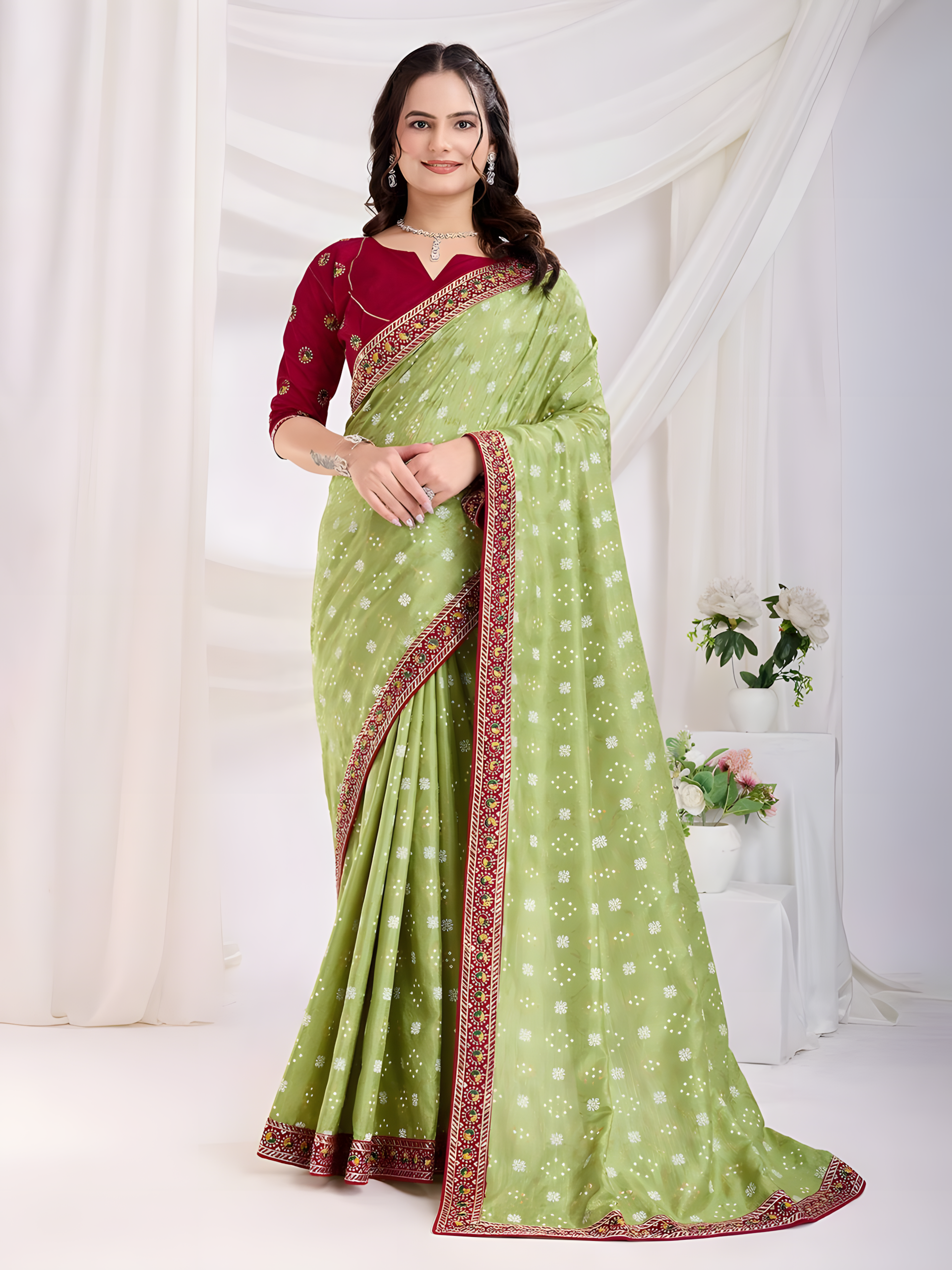 Pista Vichitra silk Saree with Golden Foil bandhani print with embroidery work lace Work
