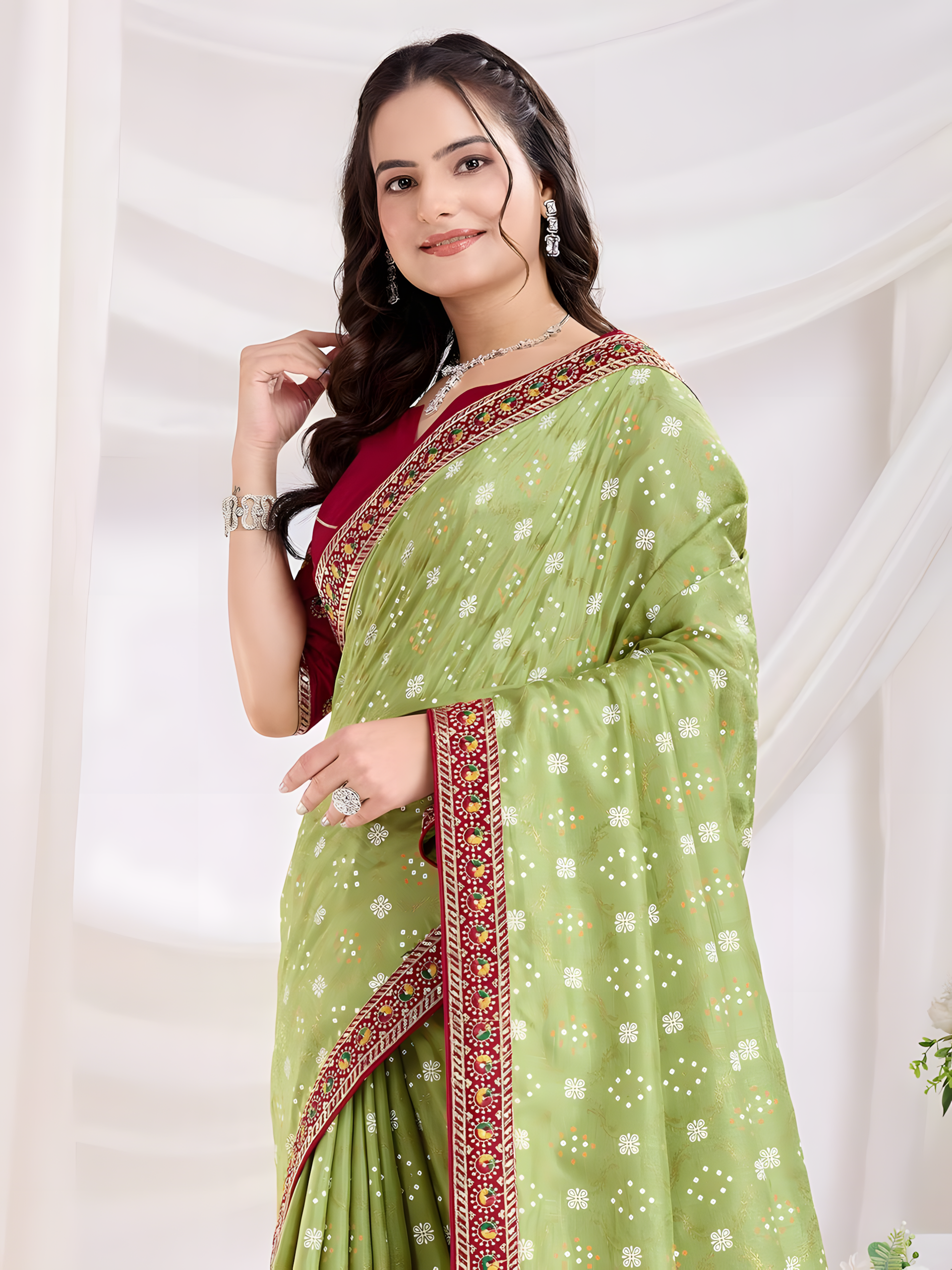 Pista Vichitra silk Saree with Golden Foil bandhani print with embroidery work lace Work