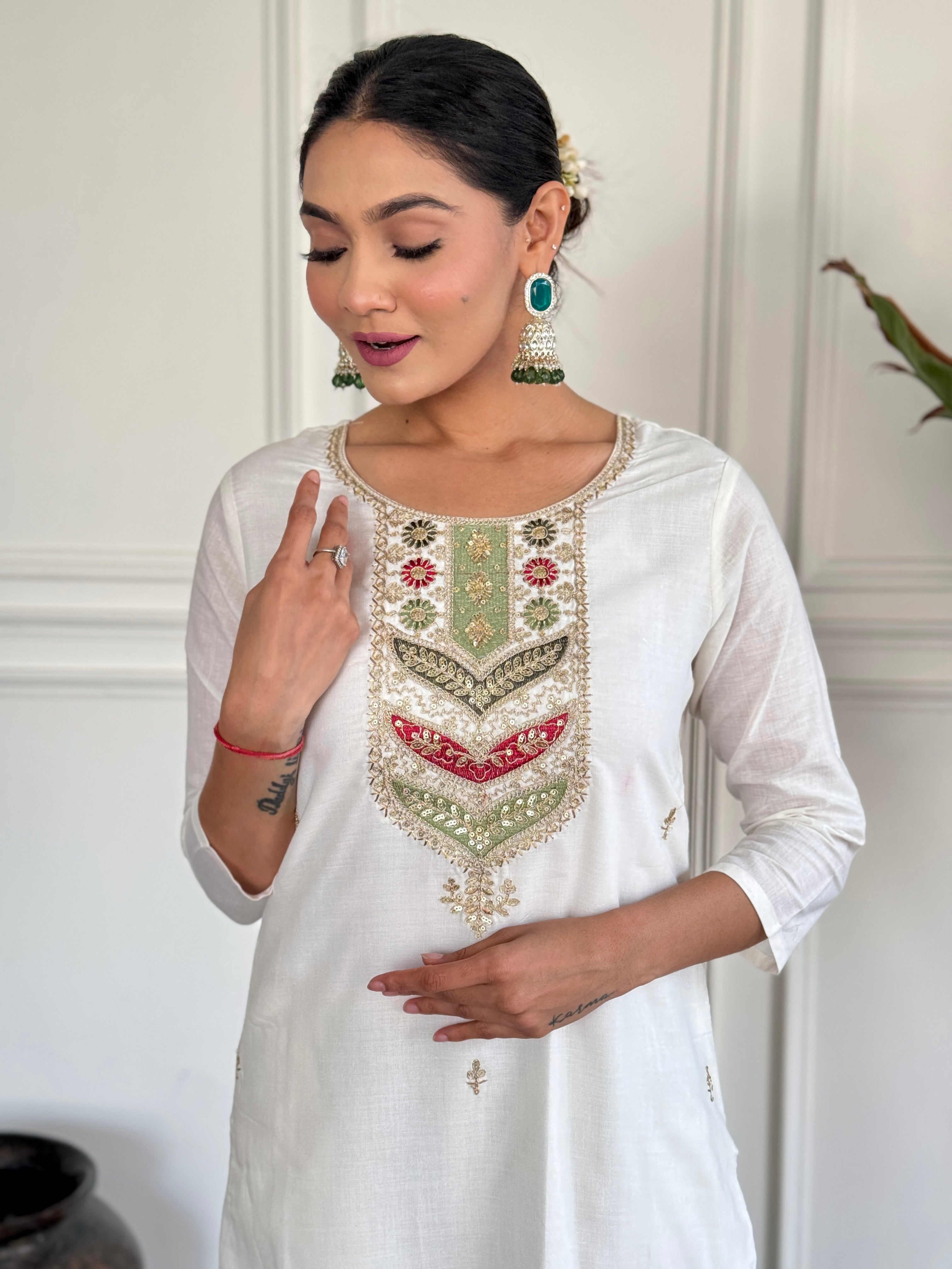 Pista Viscose Blend Elegant Kurta Pant Set With Embroidery Work