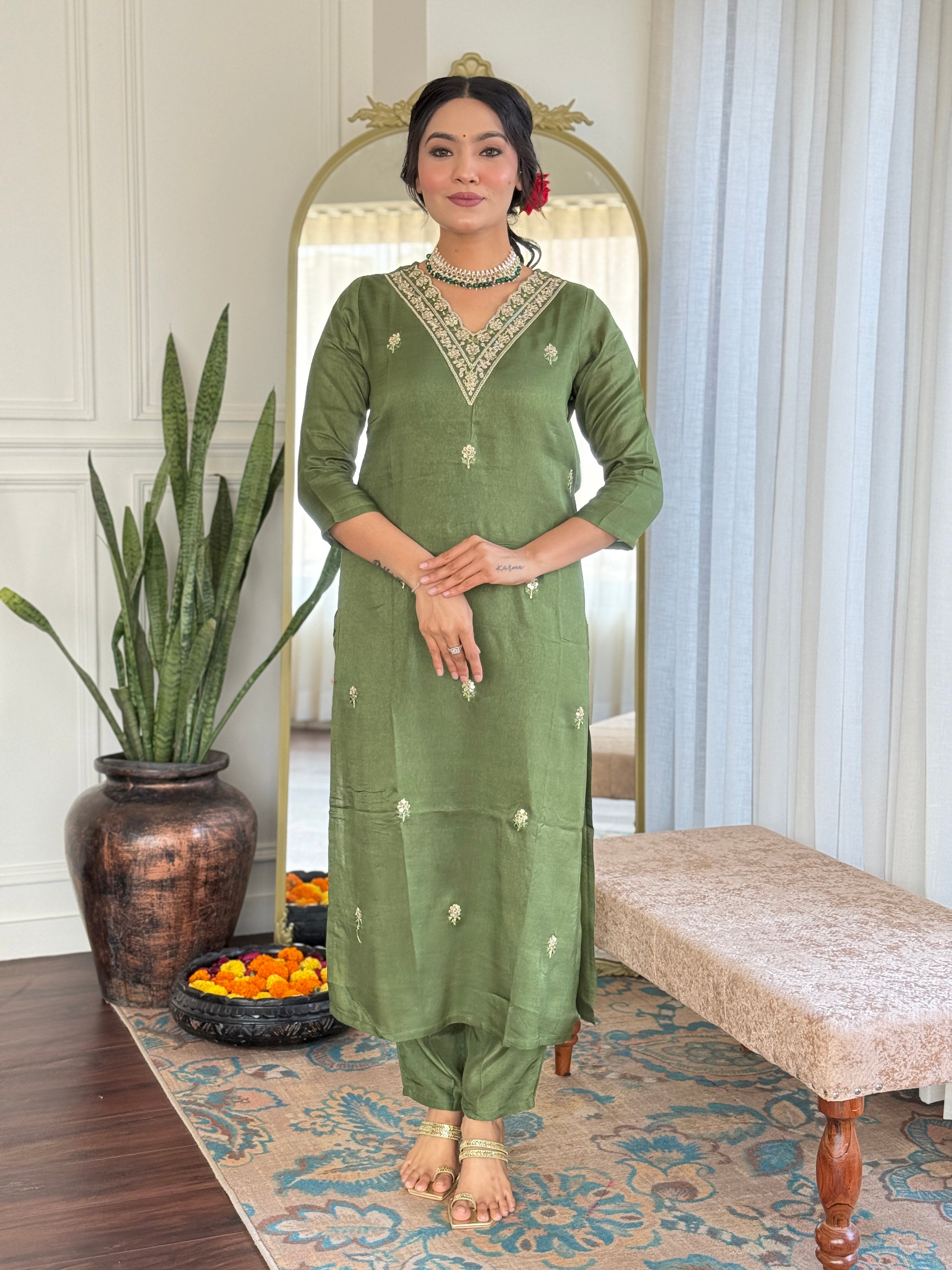 Pista Viscose Elegant Kurta Pant Set With Embroidery Work