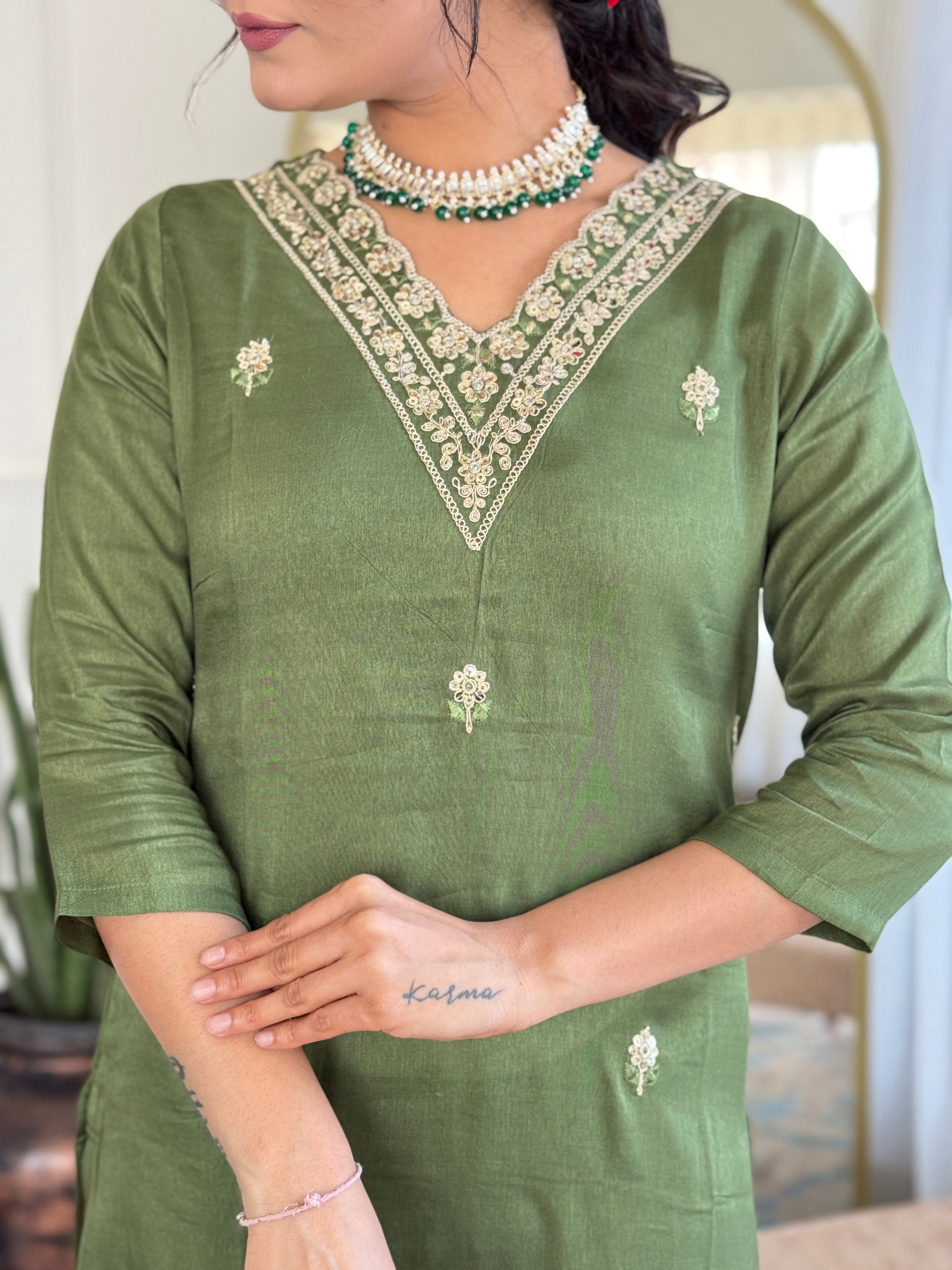 Pista Viscose Elegant Kurta Pant Set With Embroidery Work