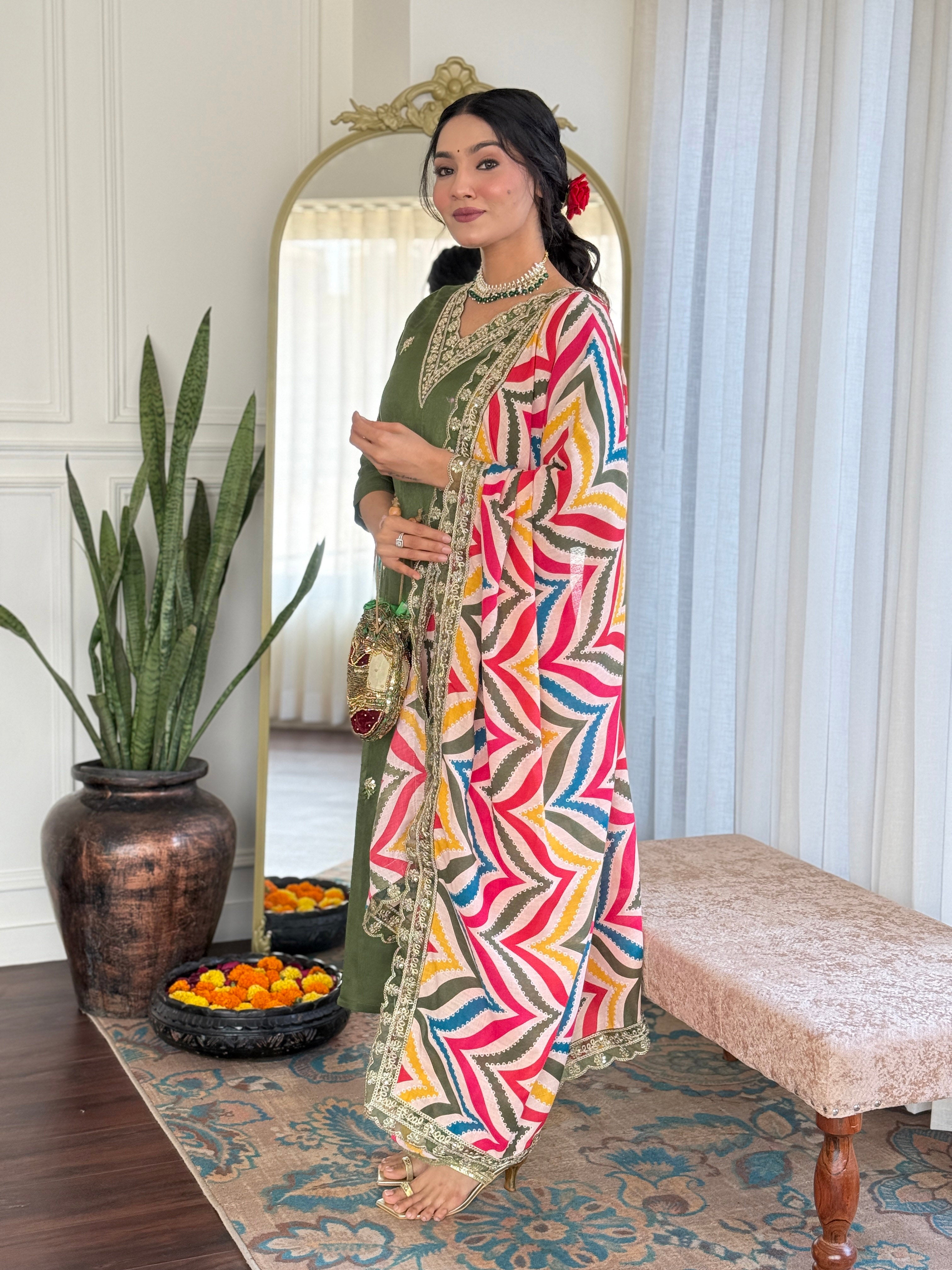 Pista Viscose Elegant Kurta Pant Set With Embroidery Work