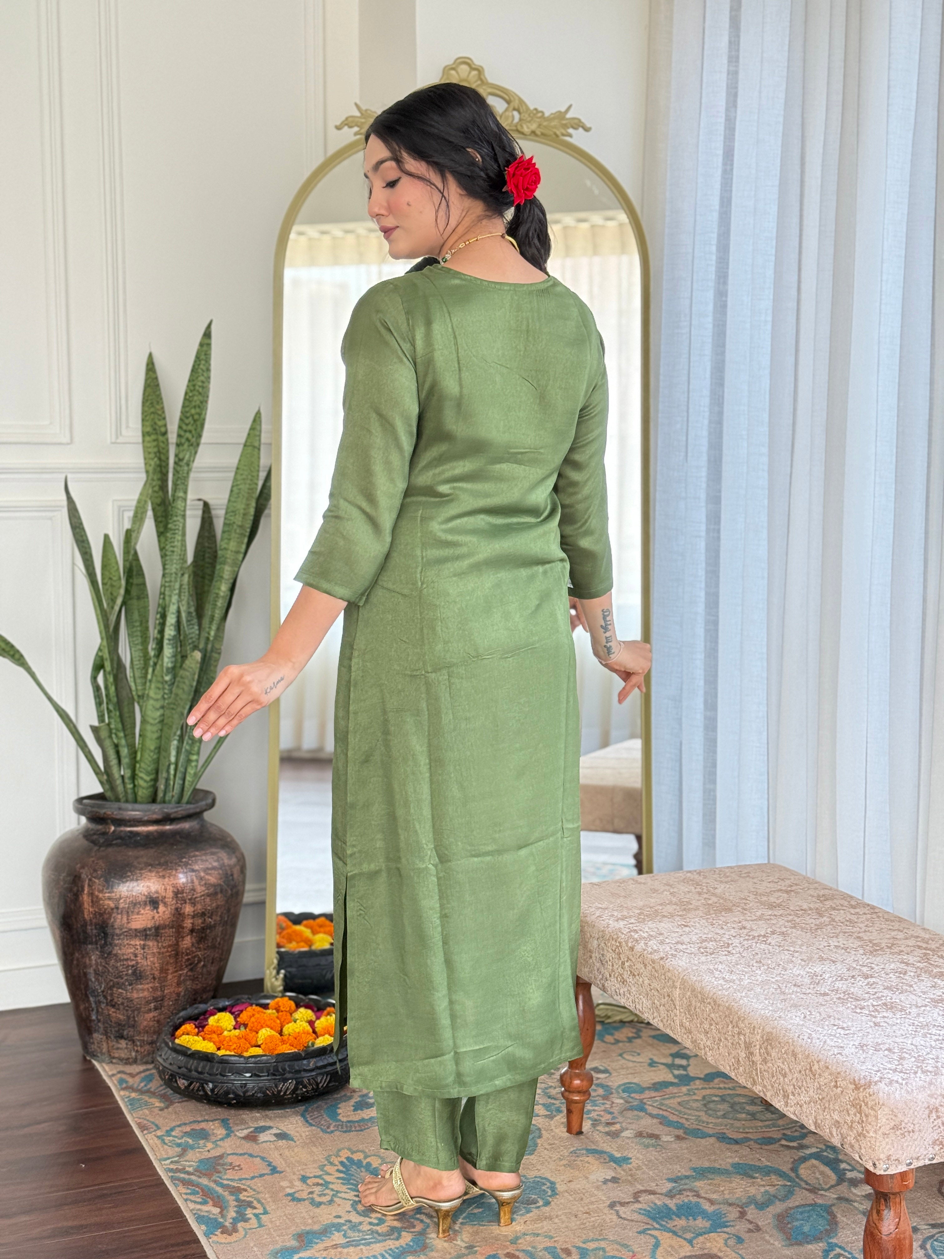 Pista Viscose Elegant Kurta Pant Set With Embroidery Work