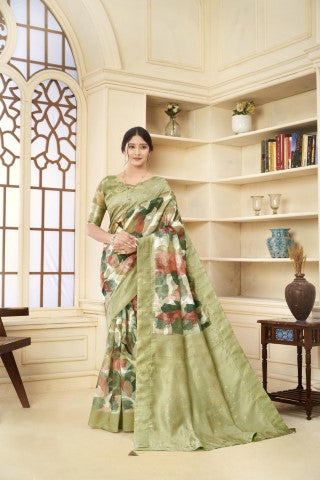 Pista Woven Jacquard Designer With Printed Rich Silk Stylish Ceremonial Saree