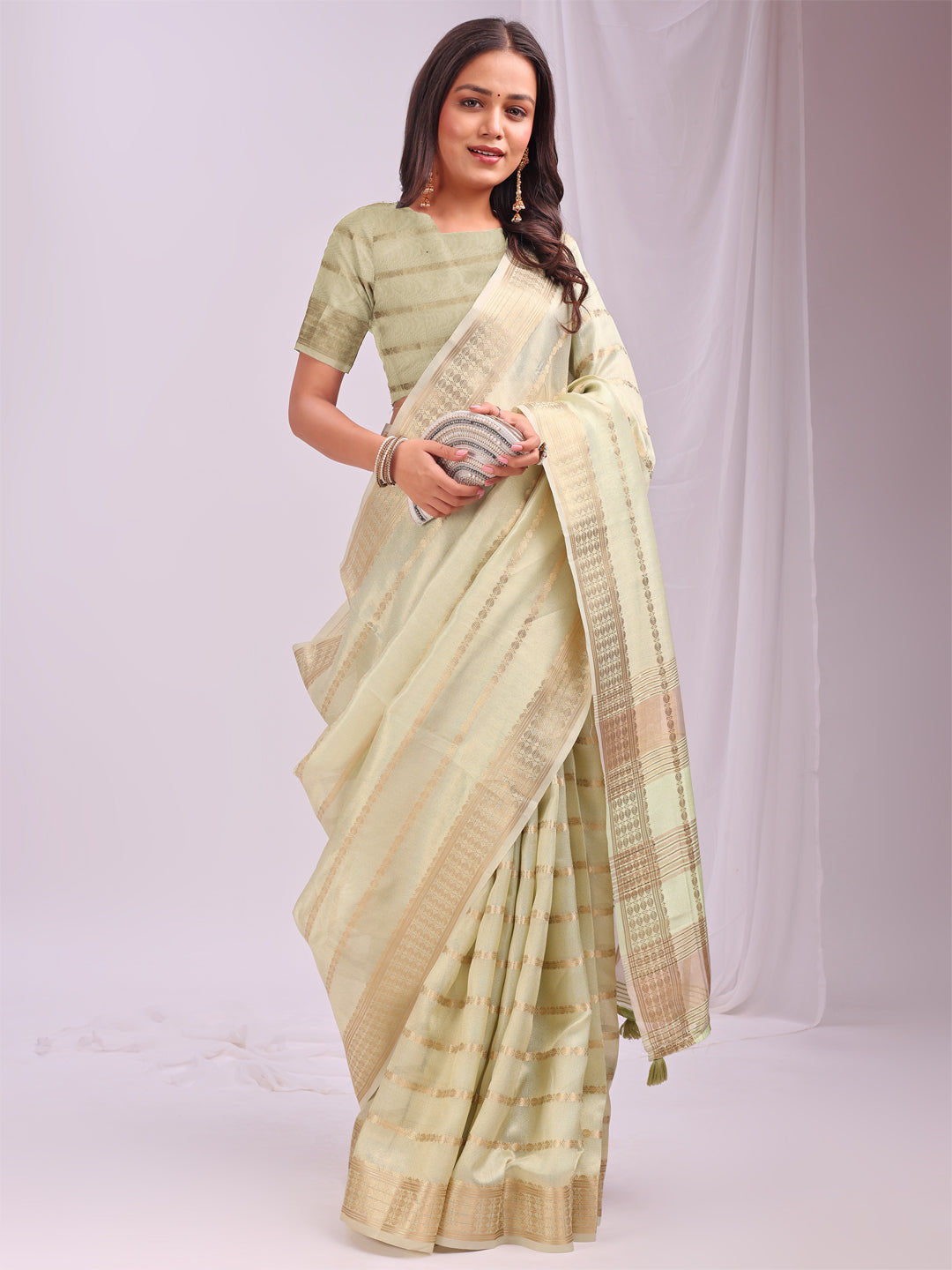 Pista Woven Zari Designer Ethnic Organza Saree