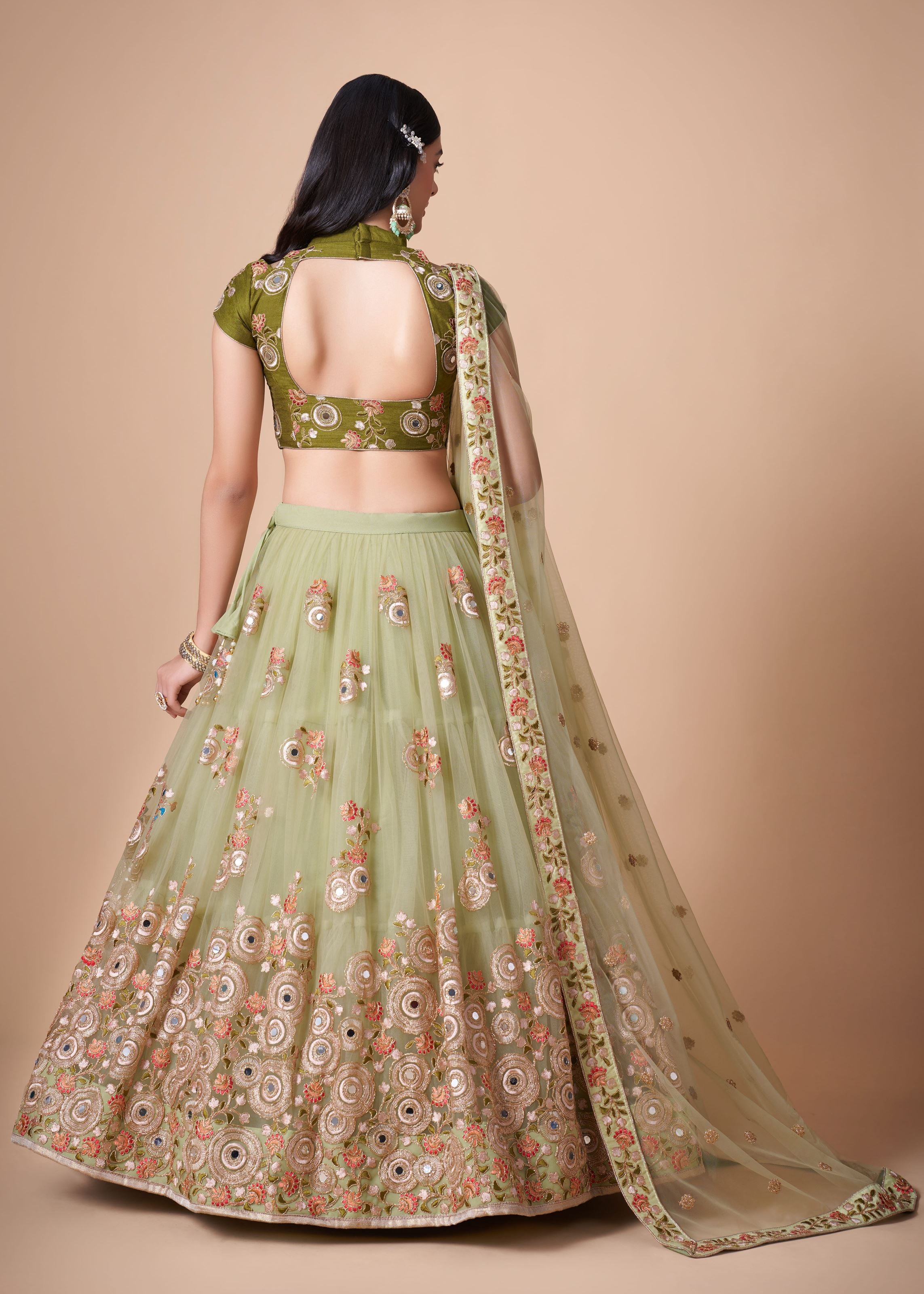 Pista green Lehenga Choli With Thread, Zari, Dori And Sequins Embroidery With Mirror Work