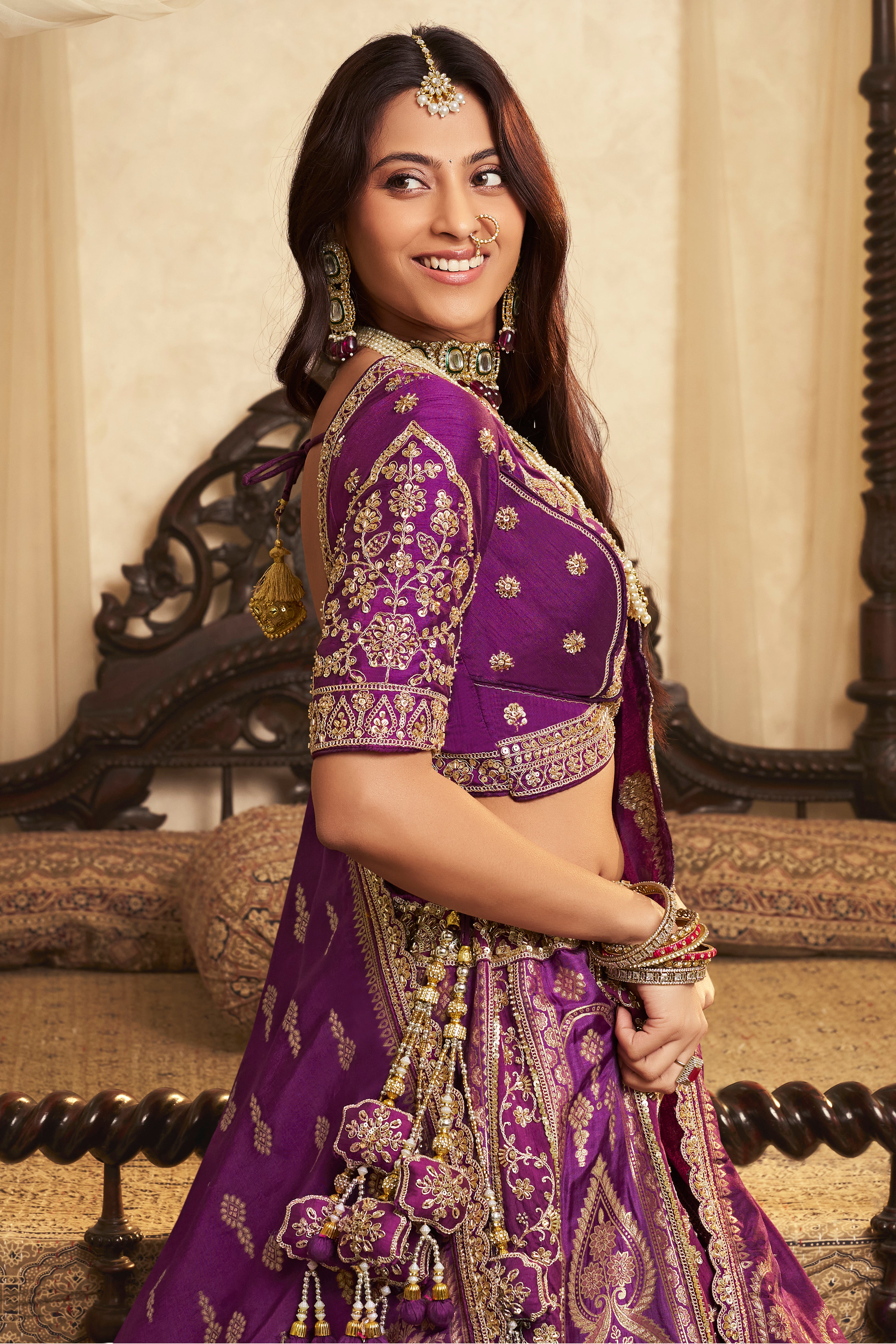 Plum Banarasi Premium Silk Lehenga Choli With Heavy Thread Embroidery, Sequence, Swarovski ,Stone With Zari, Khatli Weaving Work