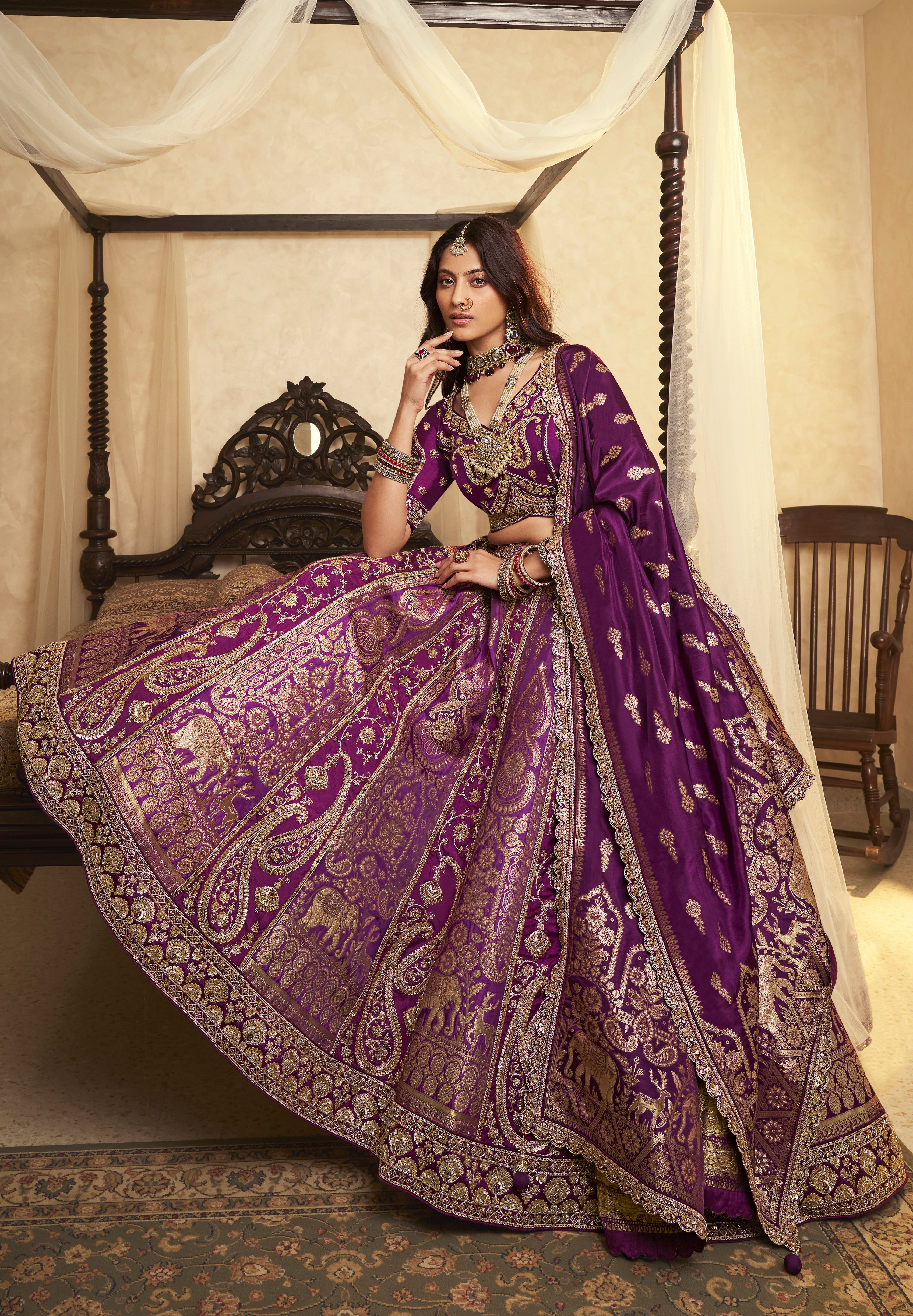 Plum Banarasi Premium Silk Lehenga Choli With Heavy Thread Embroidery, Sequence, Swarovski ,Stone With Zari, Khatli Weaving Work