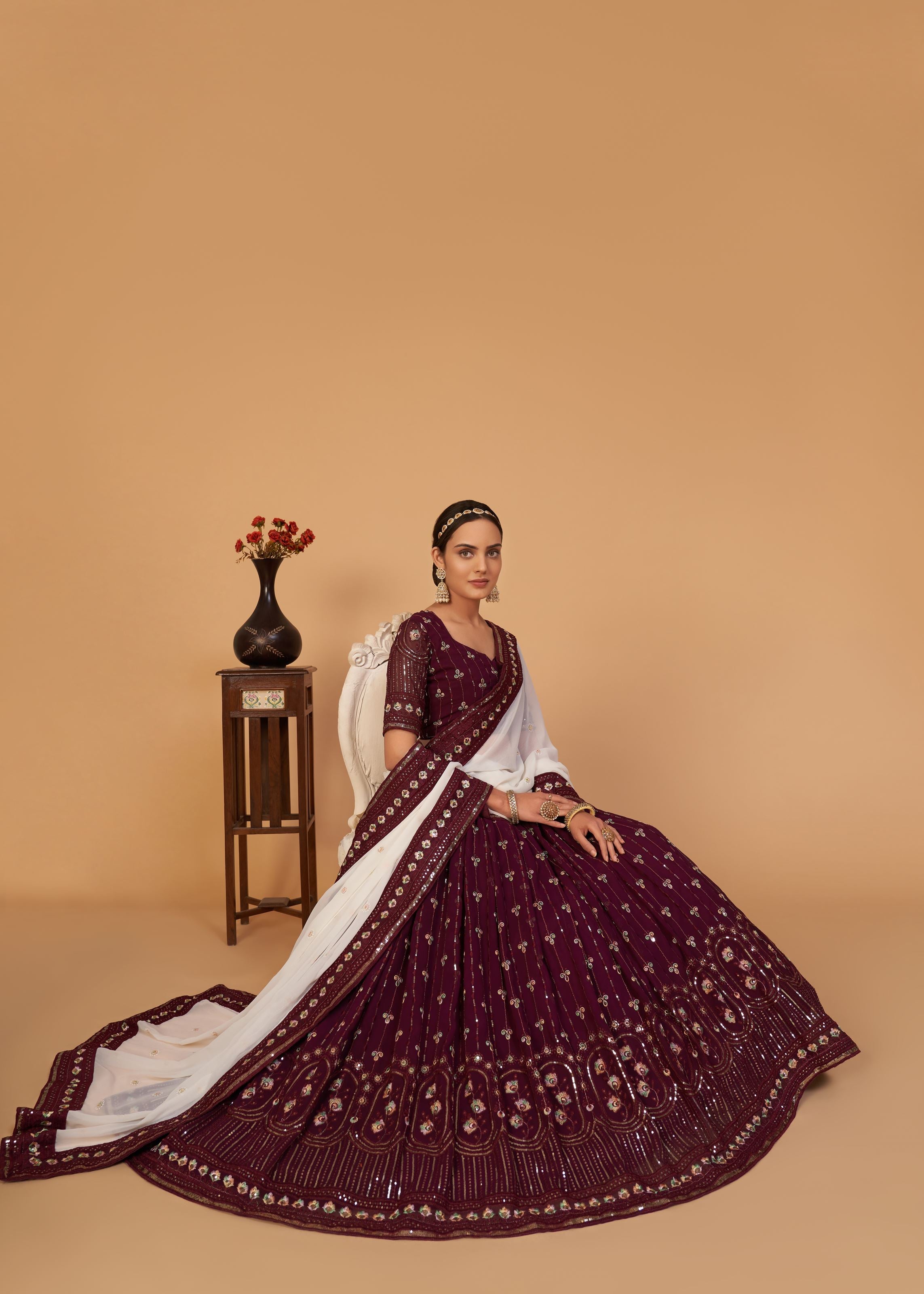 Plum Lehenga Choli With Sequins And Thread Embroidered Work