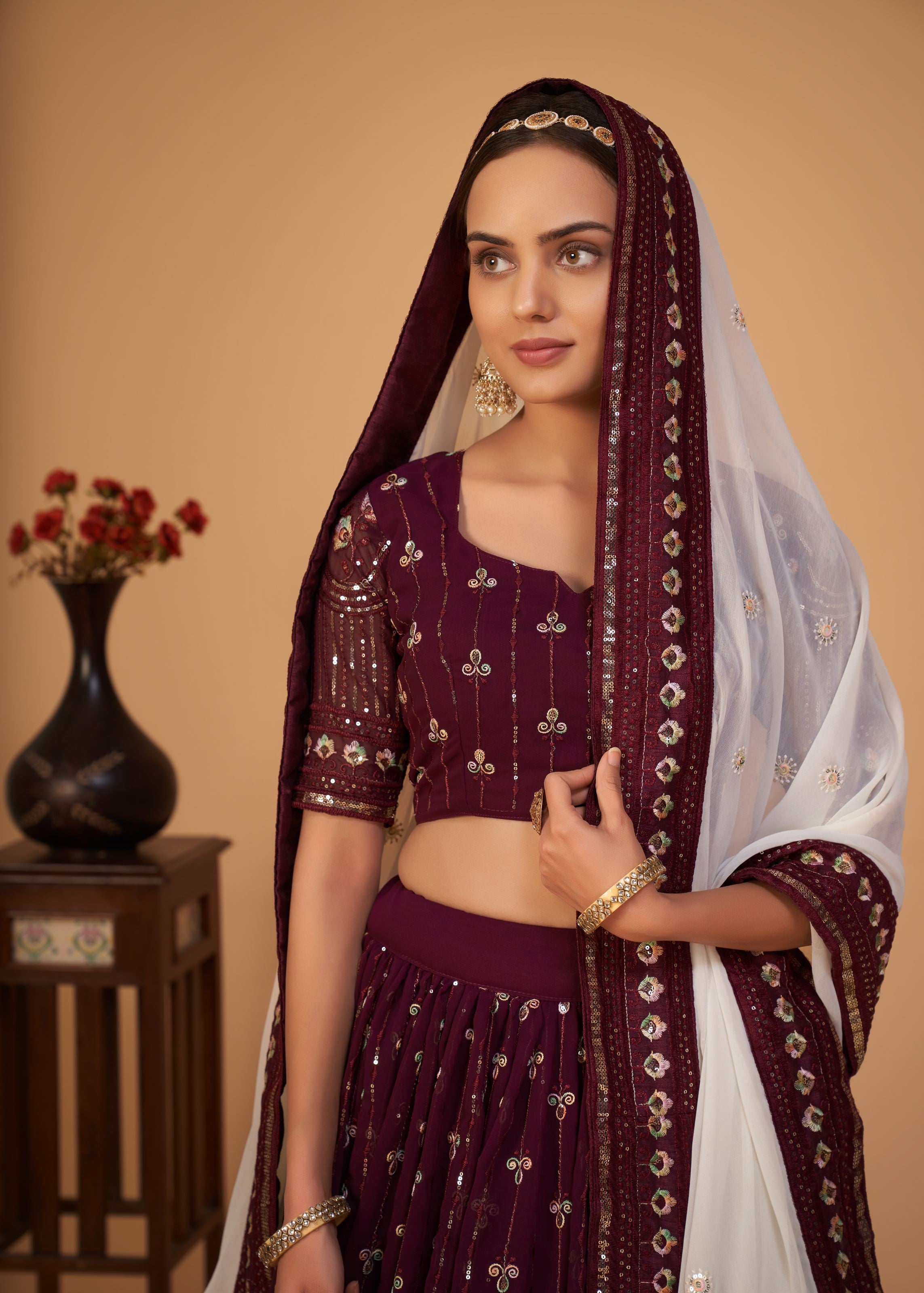 Plum Lehenga Choli With Sequins And Thread Embroidered Work