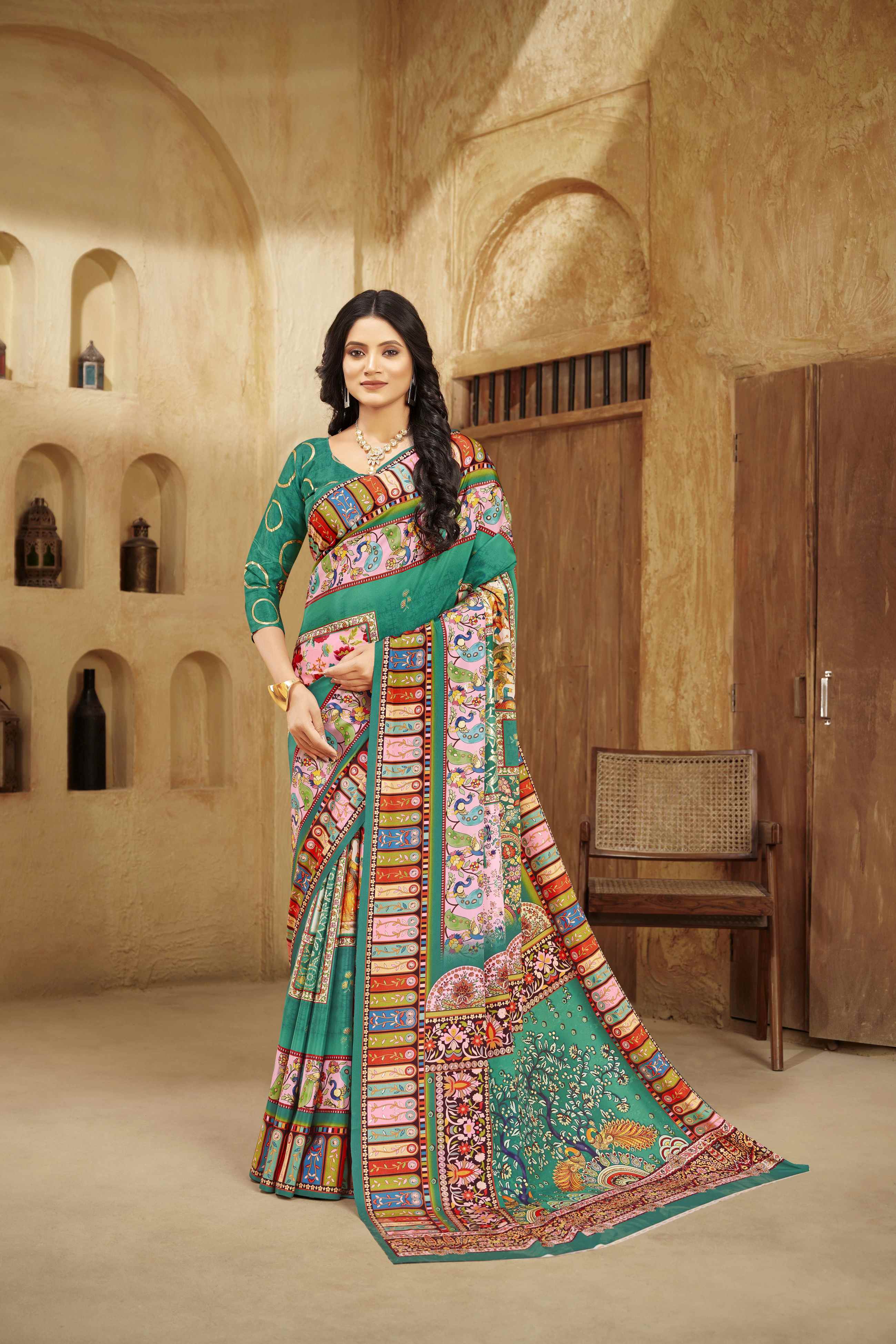 Poise Green Designer Position Digital Foil Printed Crepe Silk Ethnic Festive Saree
