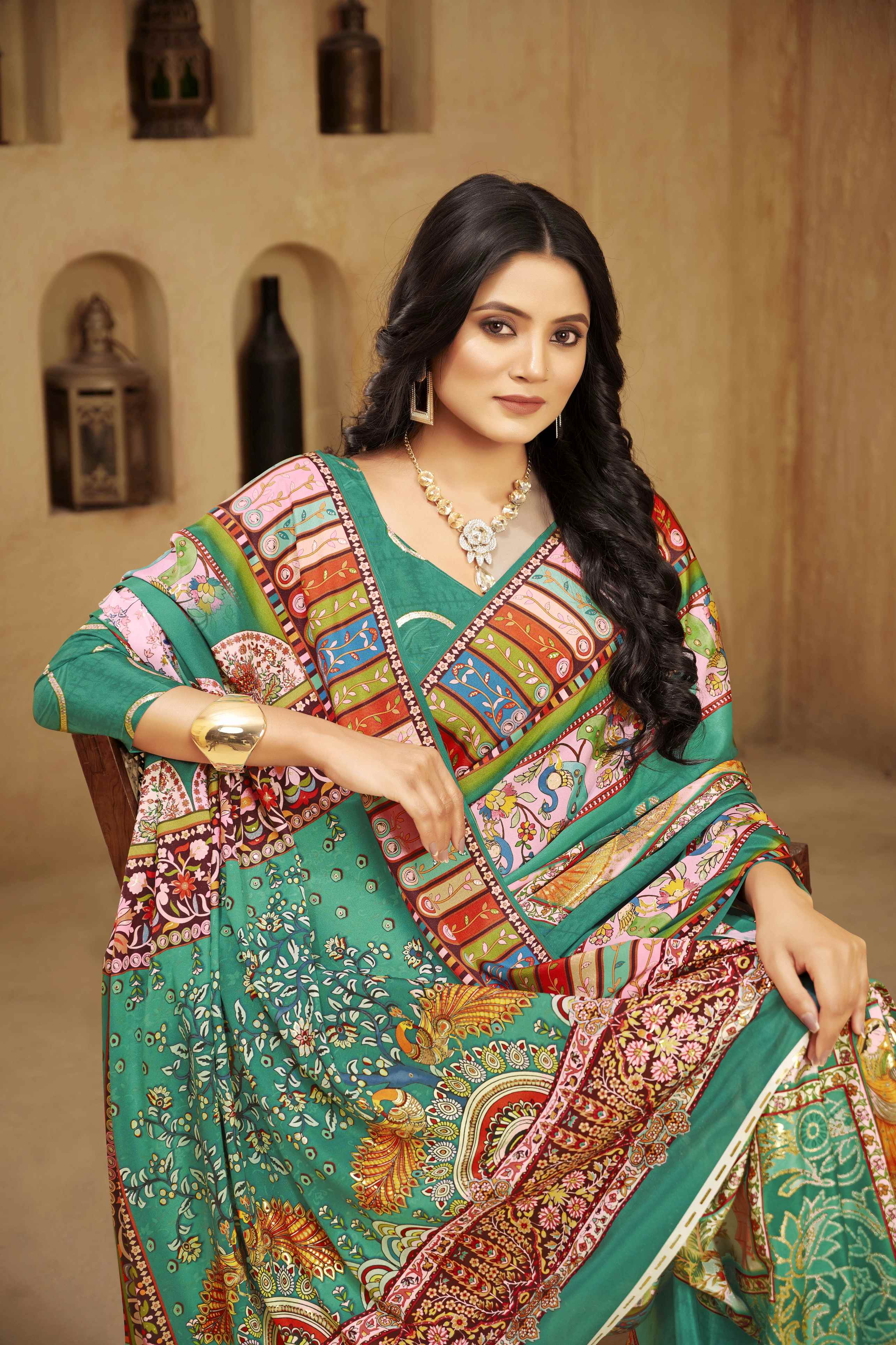 Poise Green Designer Position Digital Foil Printed Crepe Silk Ethnic Festive Saree