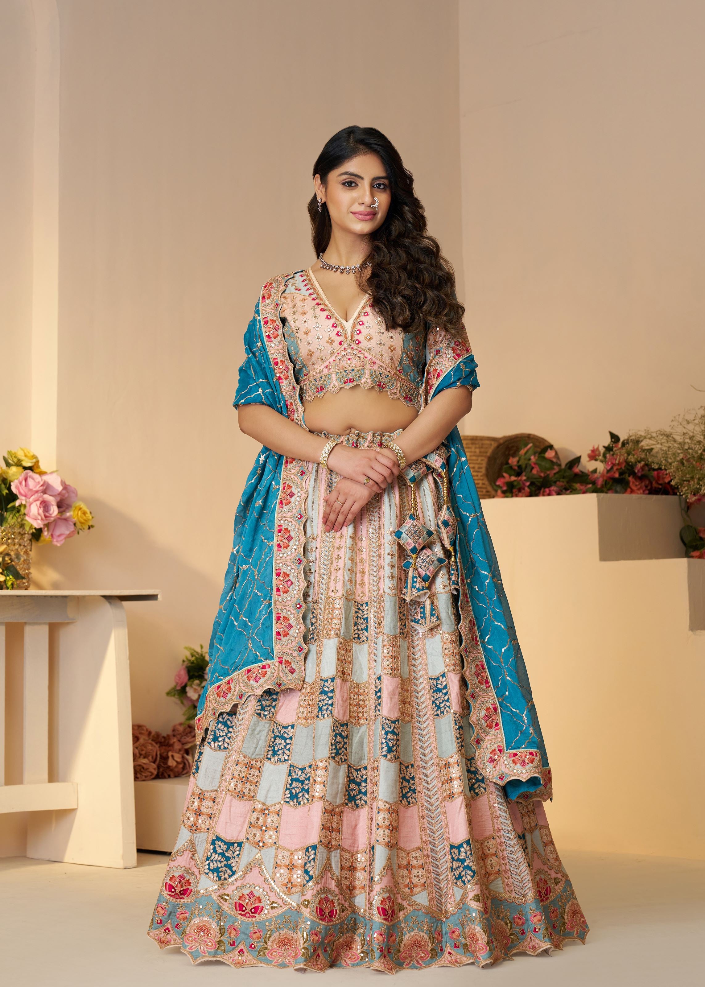 Powder Blue Position Print Jaal Patterned Party Wear Lehenga With Sequin Work