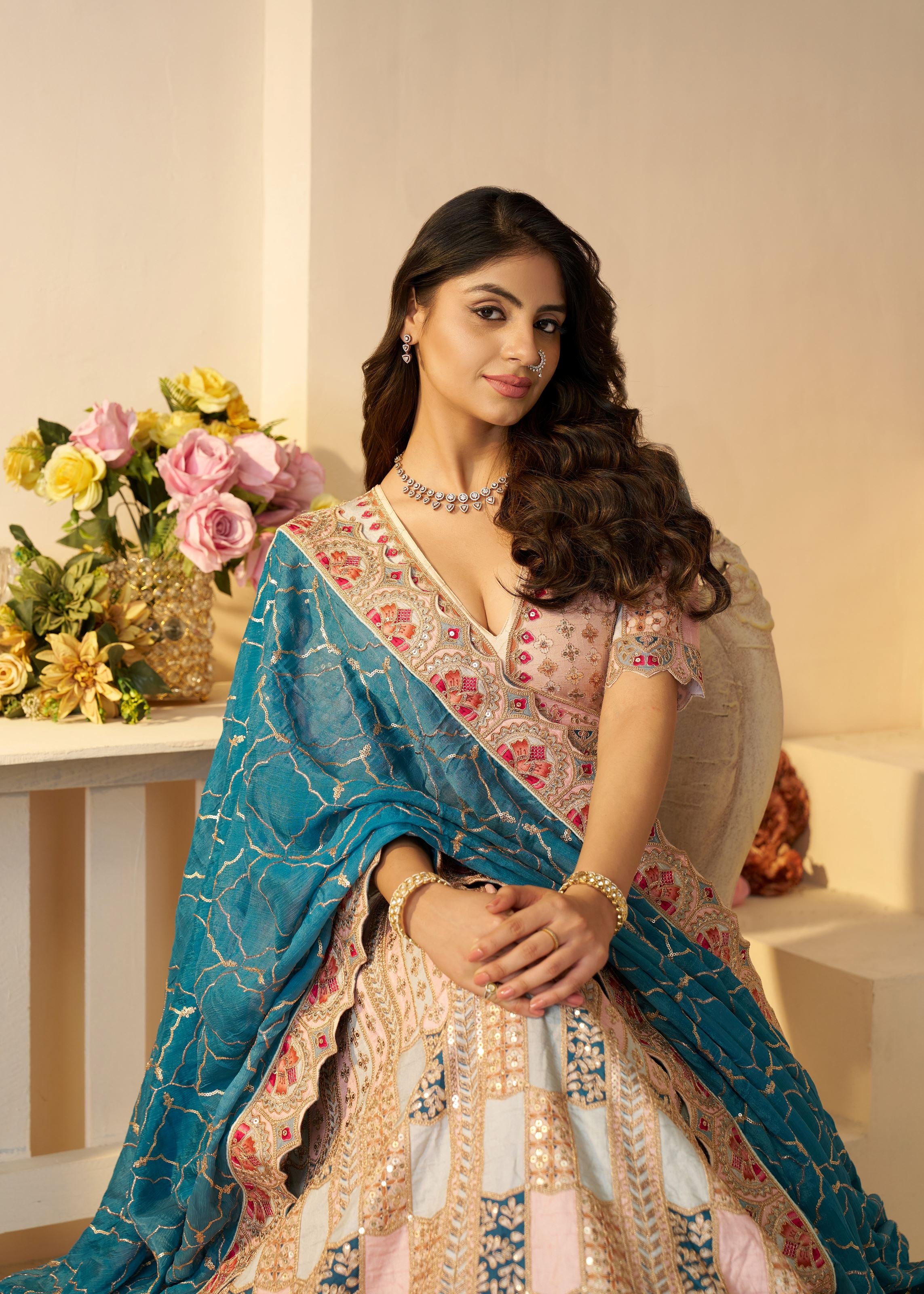 Powder Blue Position Print Jaal Patterned Party Wear Lehenga With Sequin Work