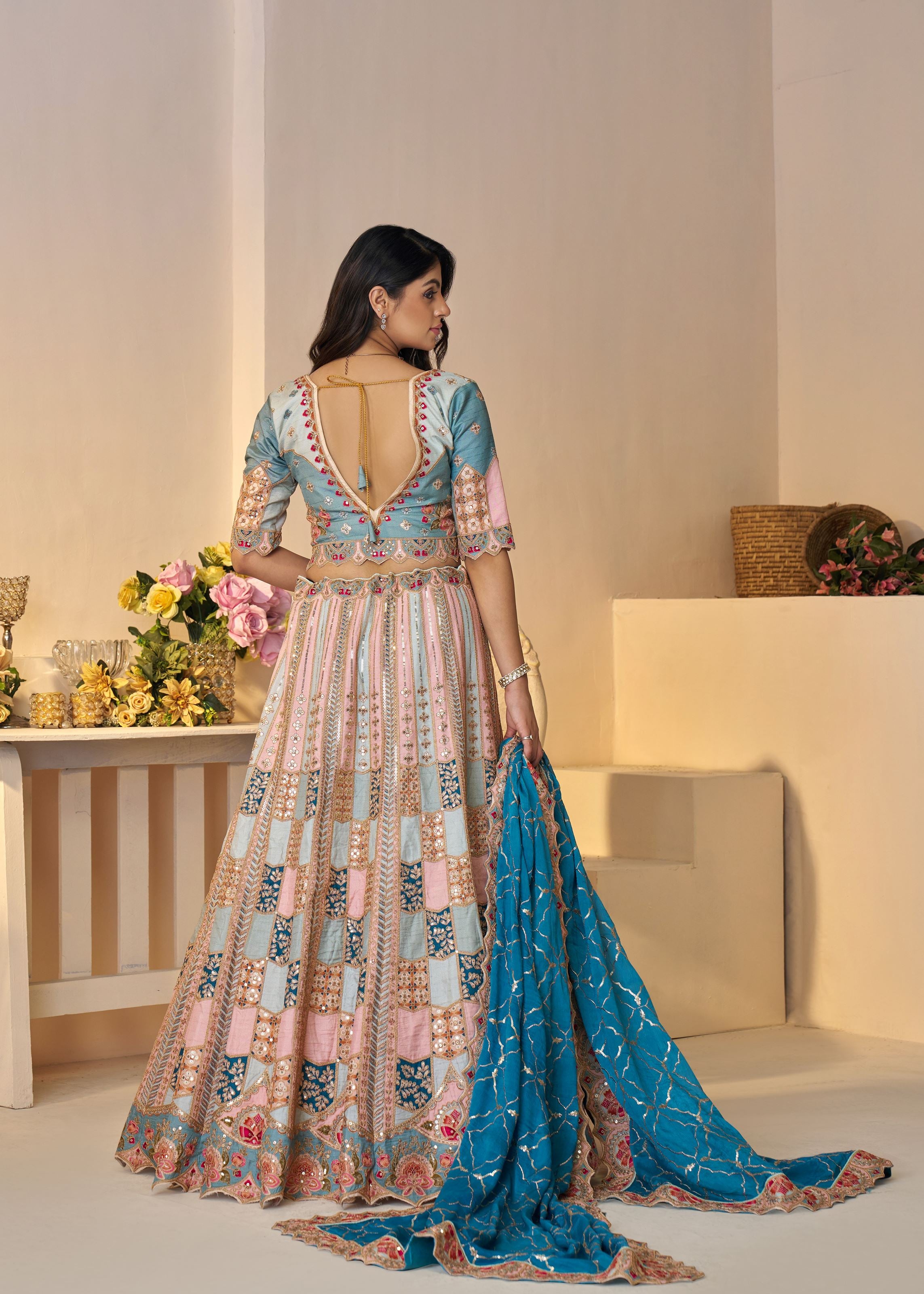 Powder Blue Position Print Jaal Patterned Party Wear Lehenga With Sequin Work