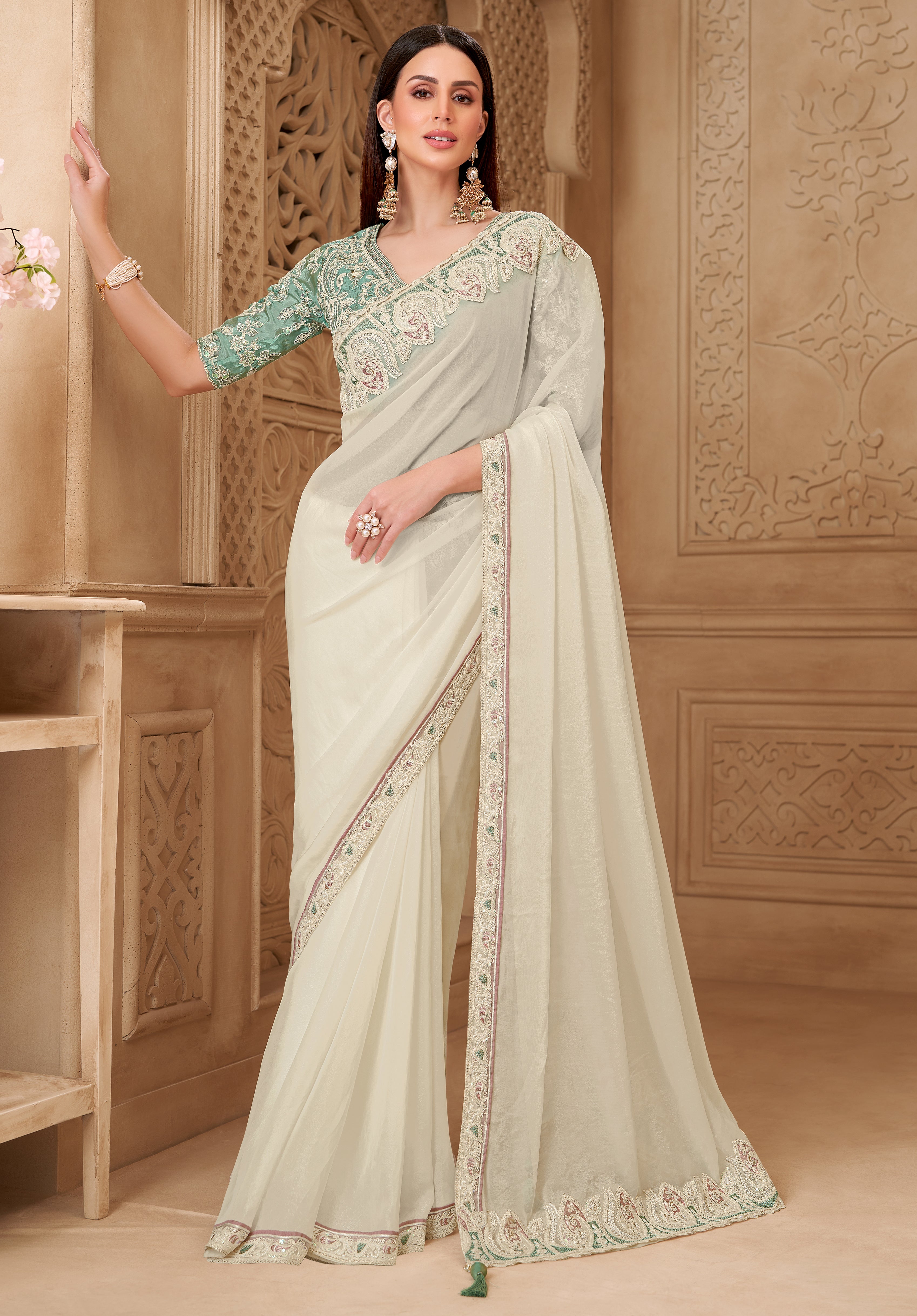 Powder White Saree With Heavy Thread Embroidery Sequins Border Work With Embroidery Blouse