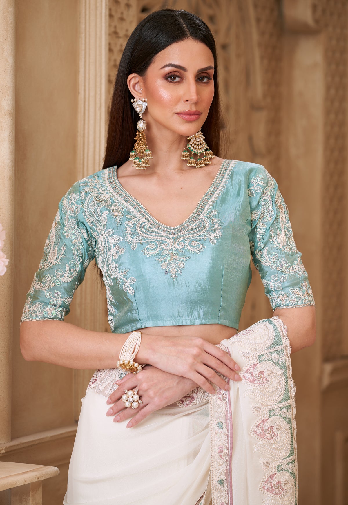 Powder White Saree With Heavy Thread Embroidery Sequins Border Work With Embroidery Blouse