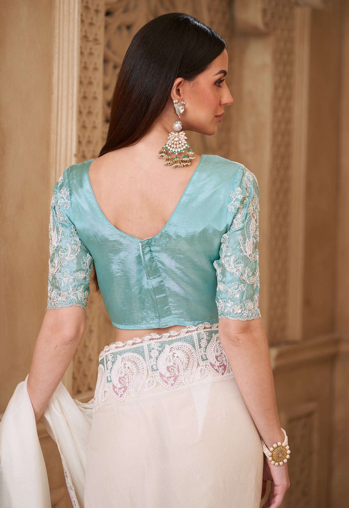 Powder White Saree With Heavy Thread Embroidery Sequins Border Work With Embroidery Blouse