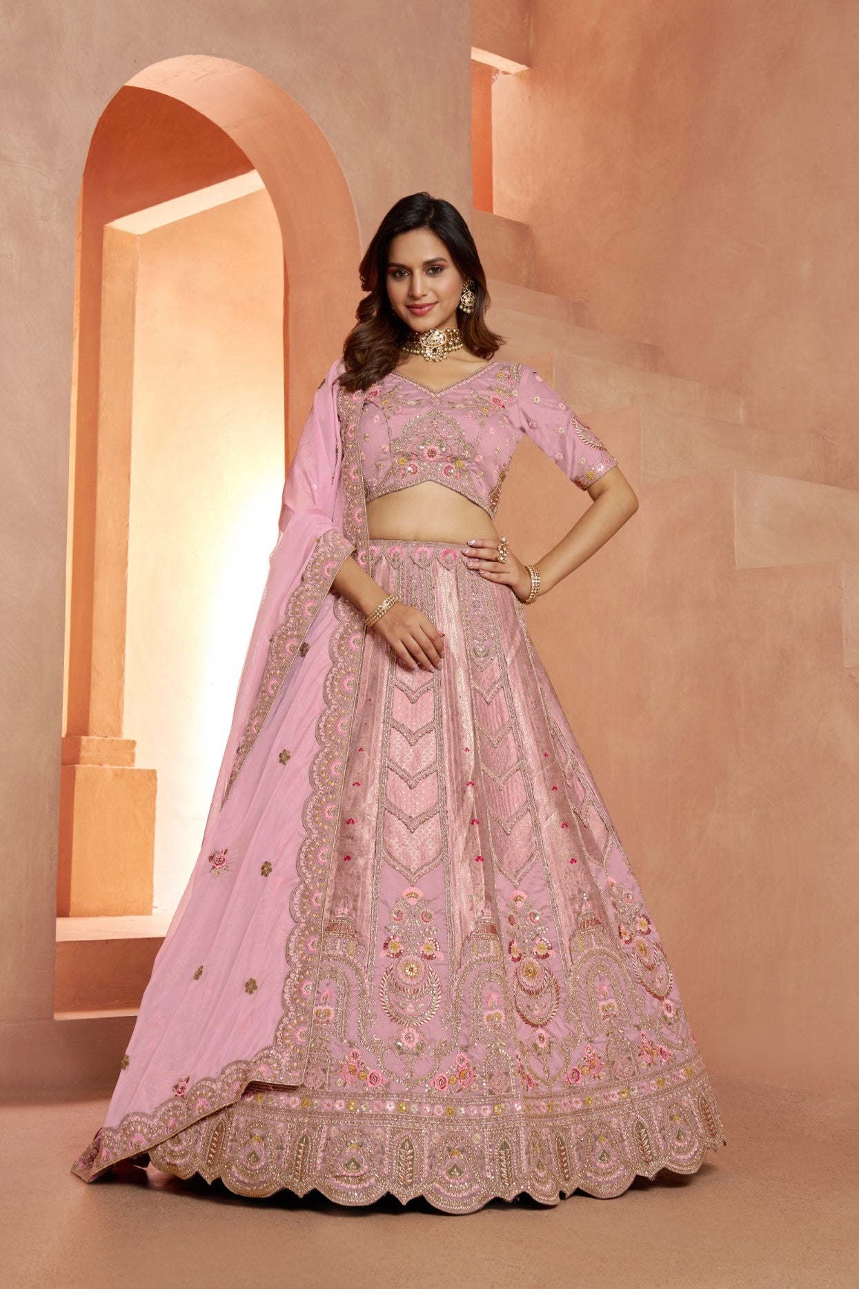 Premium Pink Banarasi Silk Bridal Lehenga Choli with Pastel Elegance